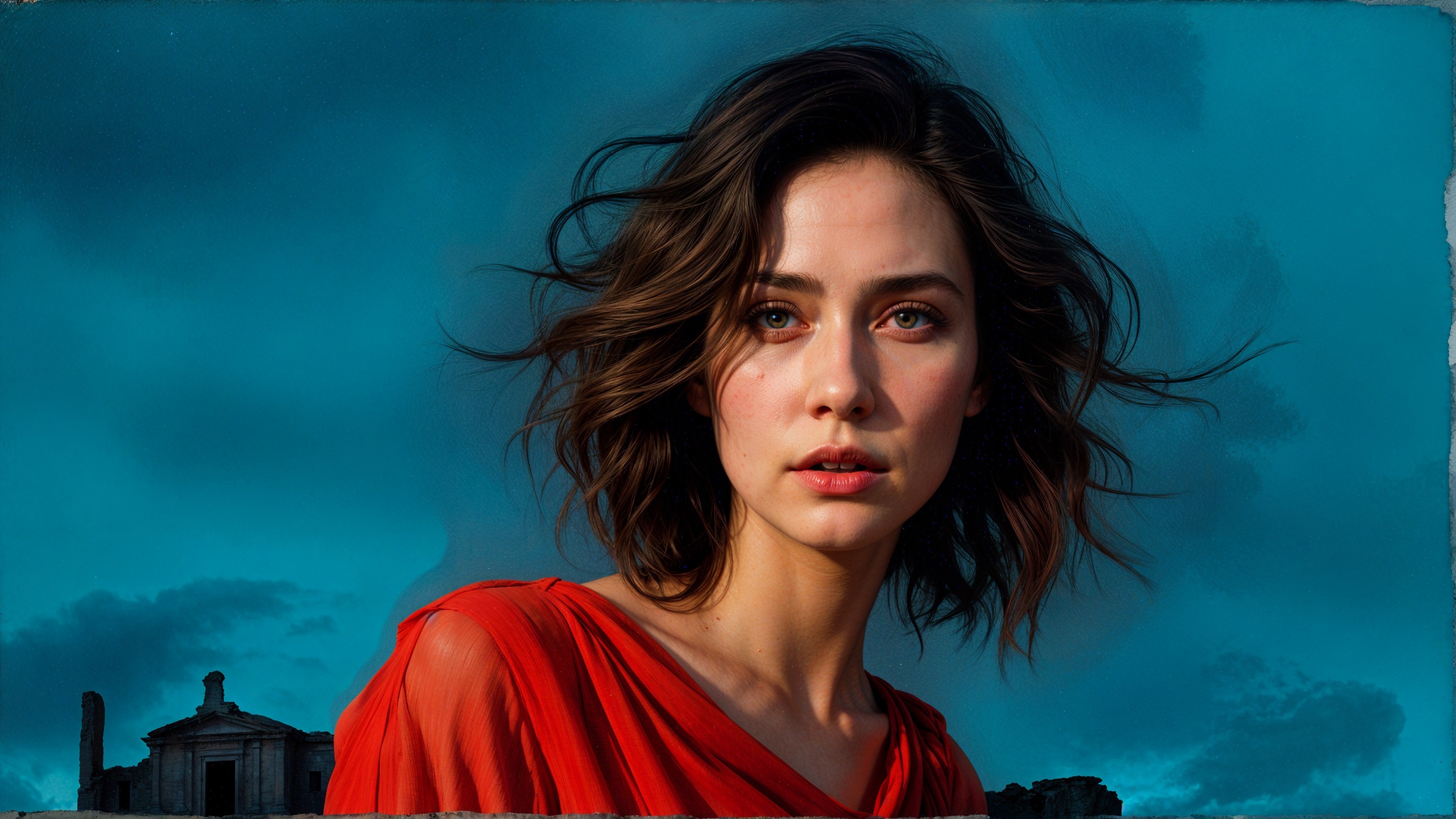 Woman in Red Top Against Blue Sky and Ancient Ruins