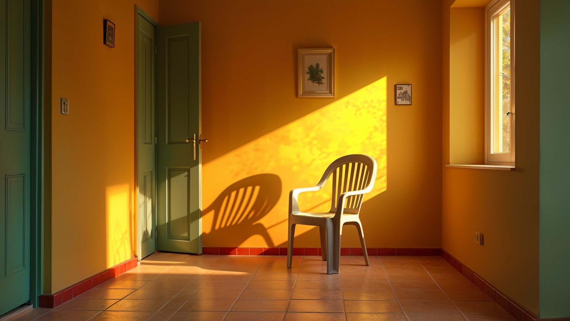 Sunlit Room with White Chair and Orange Wall Decor