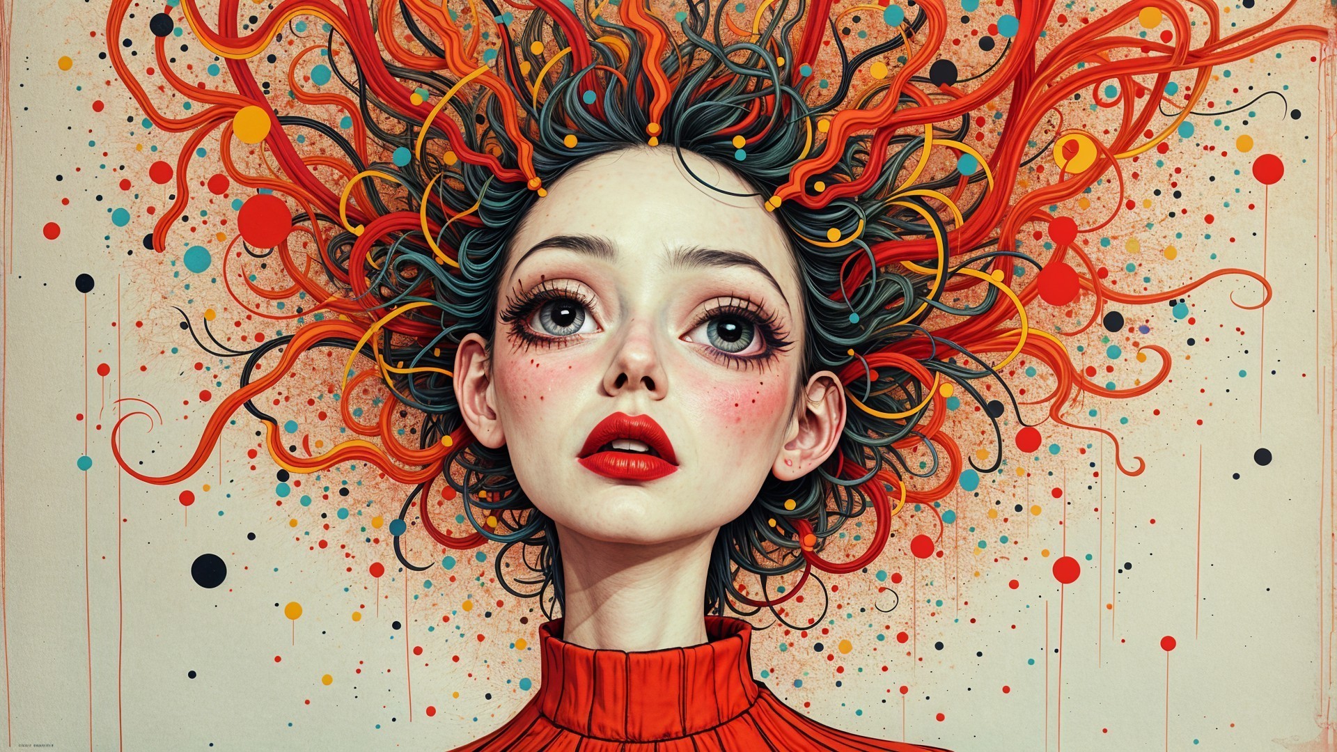 Young woman with vibrant red-orange curls and expressive features