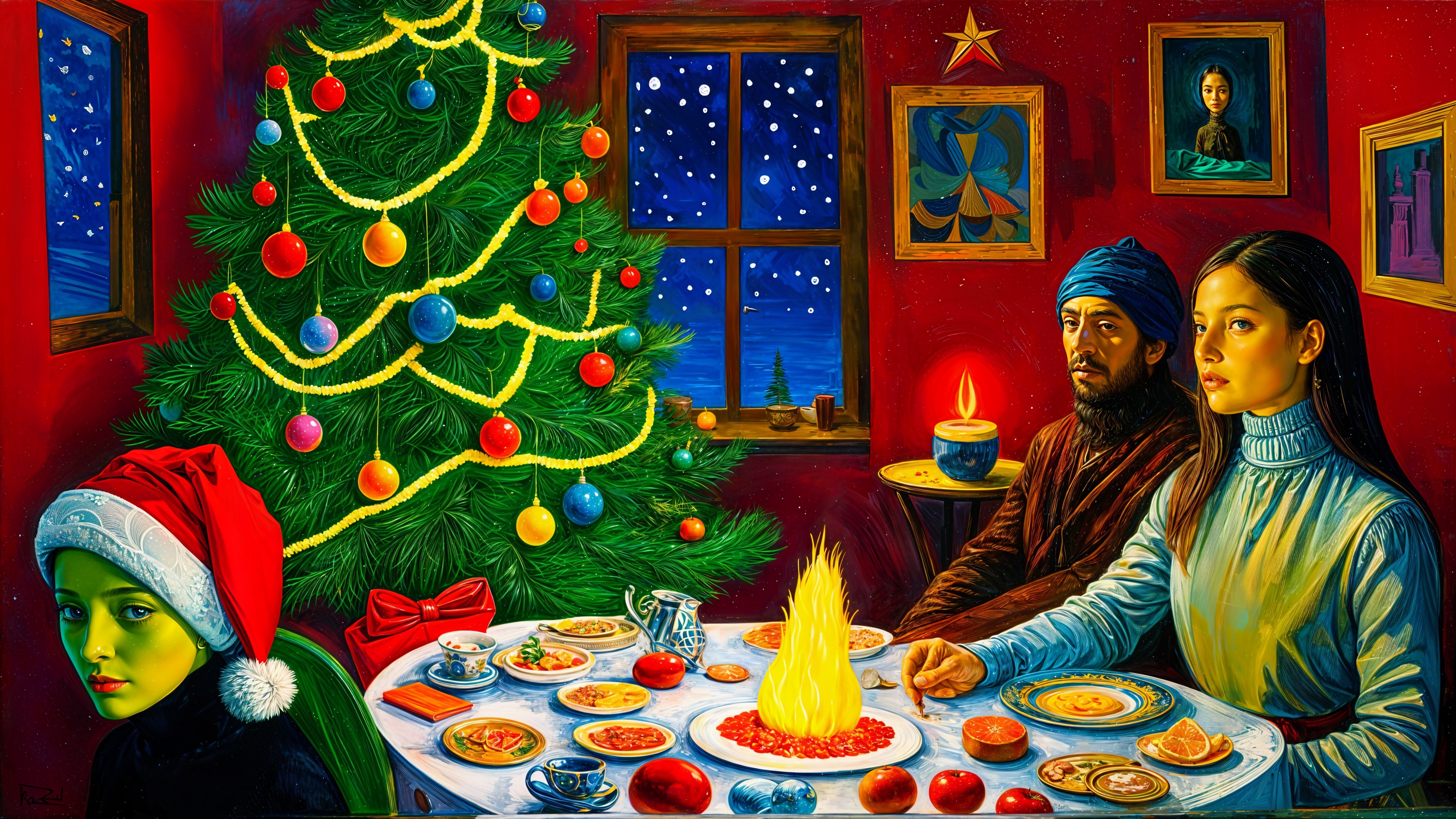 Surreal Christmas Dinner Scene with Vibrant Colors