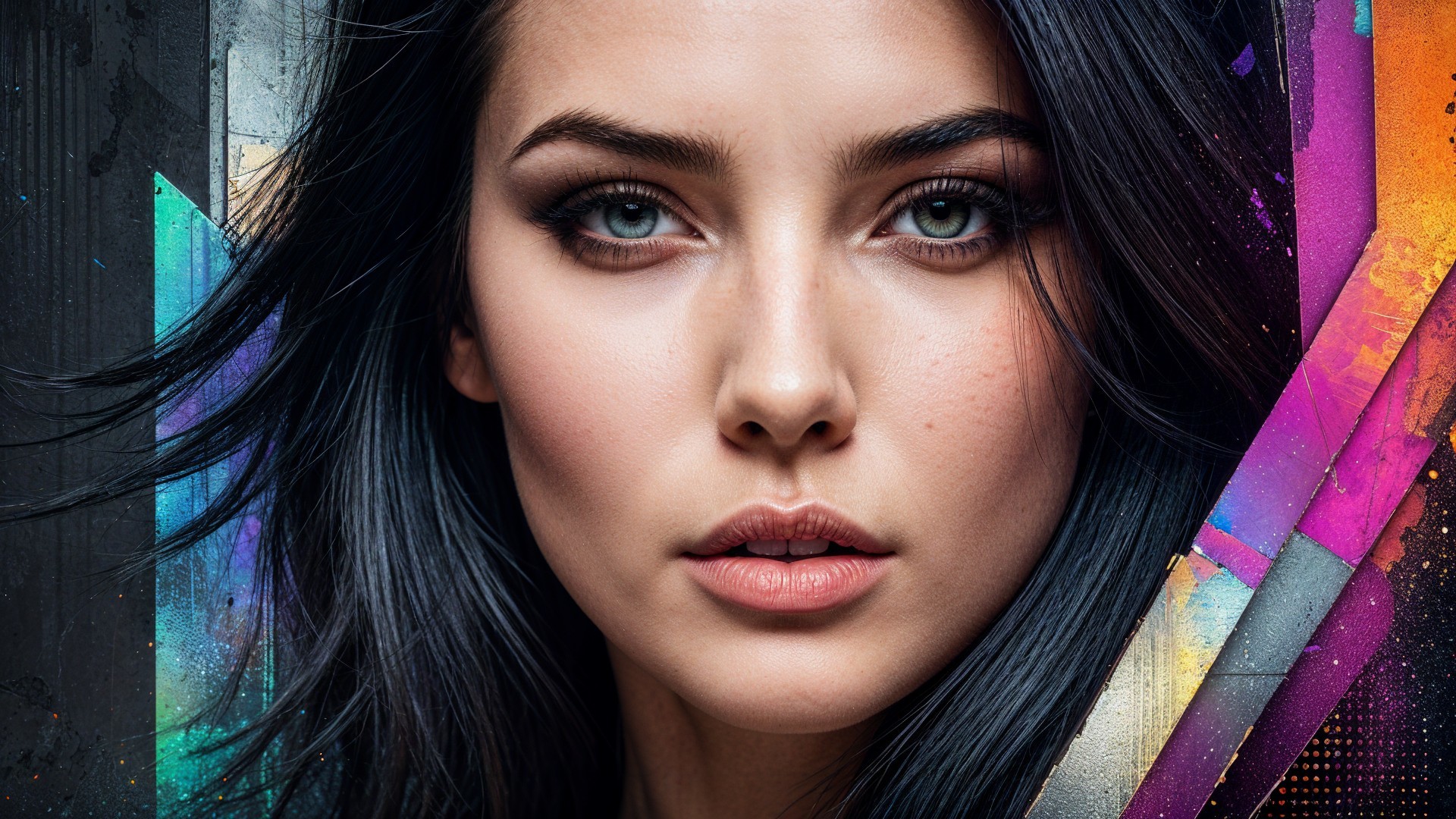 Close-up of a young woman with dark hair and green eyes