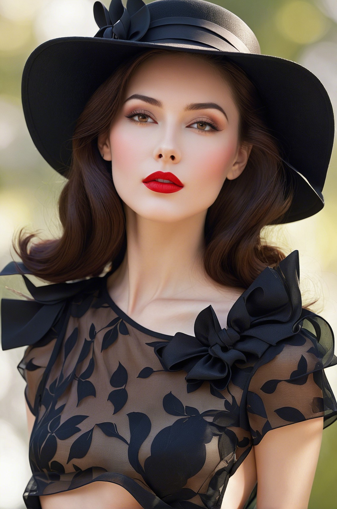 Elegant Woman in Sheer Floral Top and Wide-Brimmed Hat