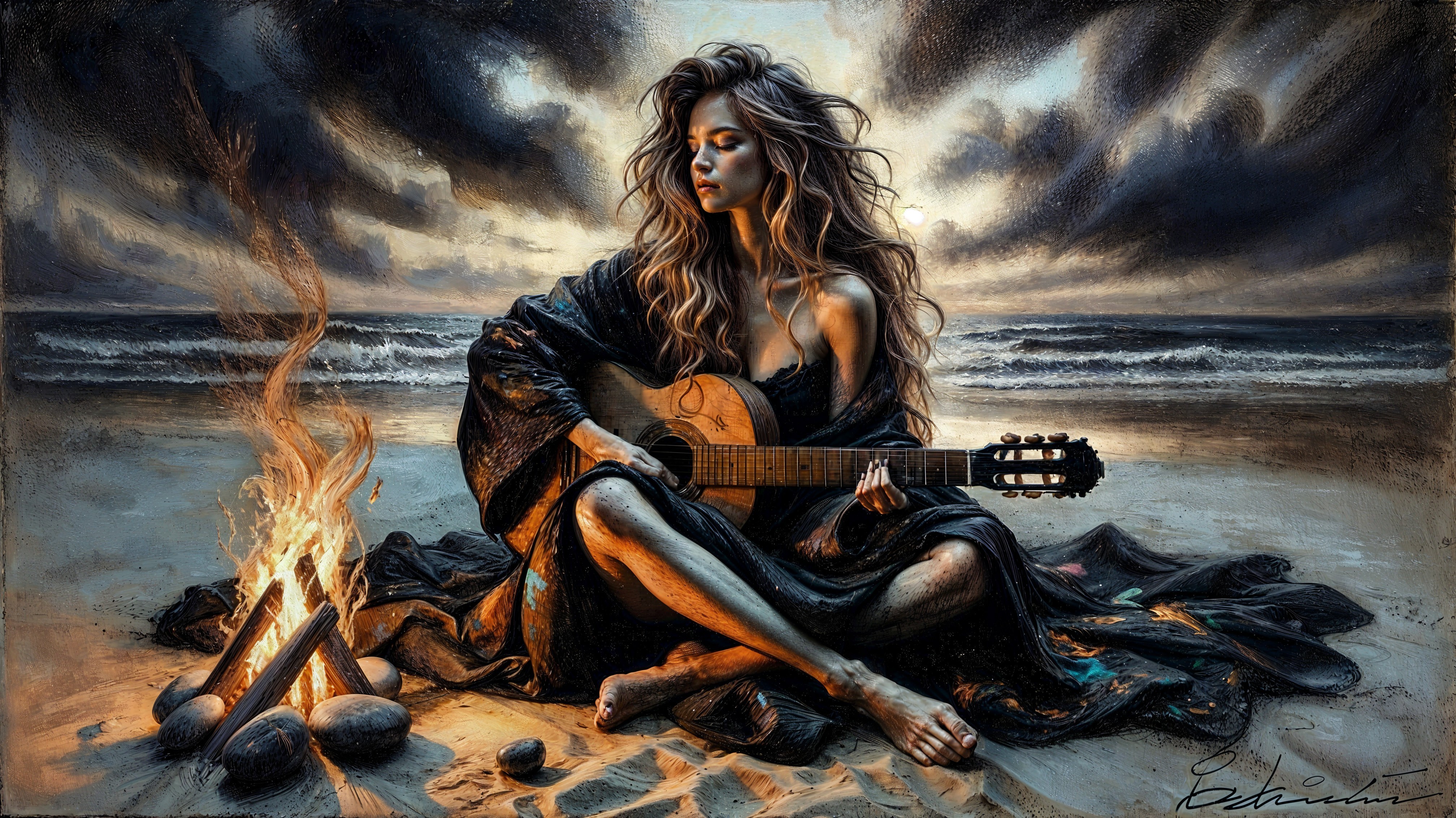 Woman by Campfire Playing Guitar on Beach at Dusk