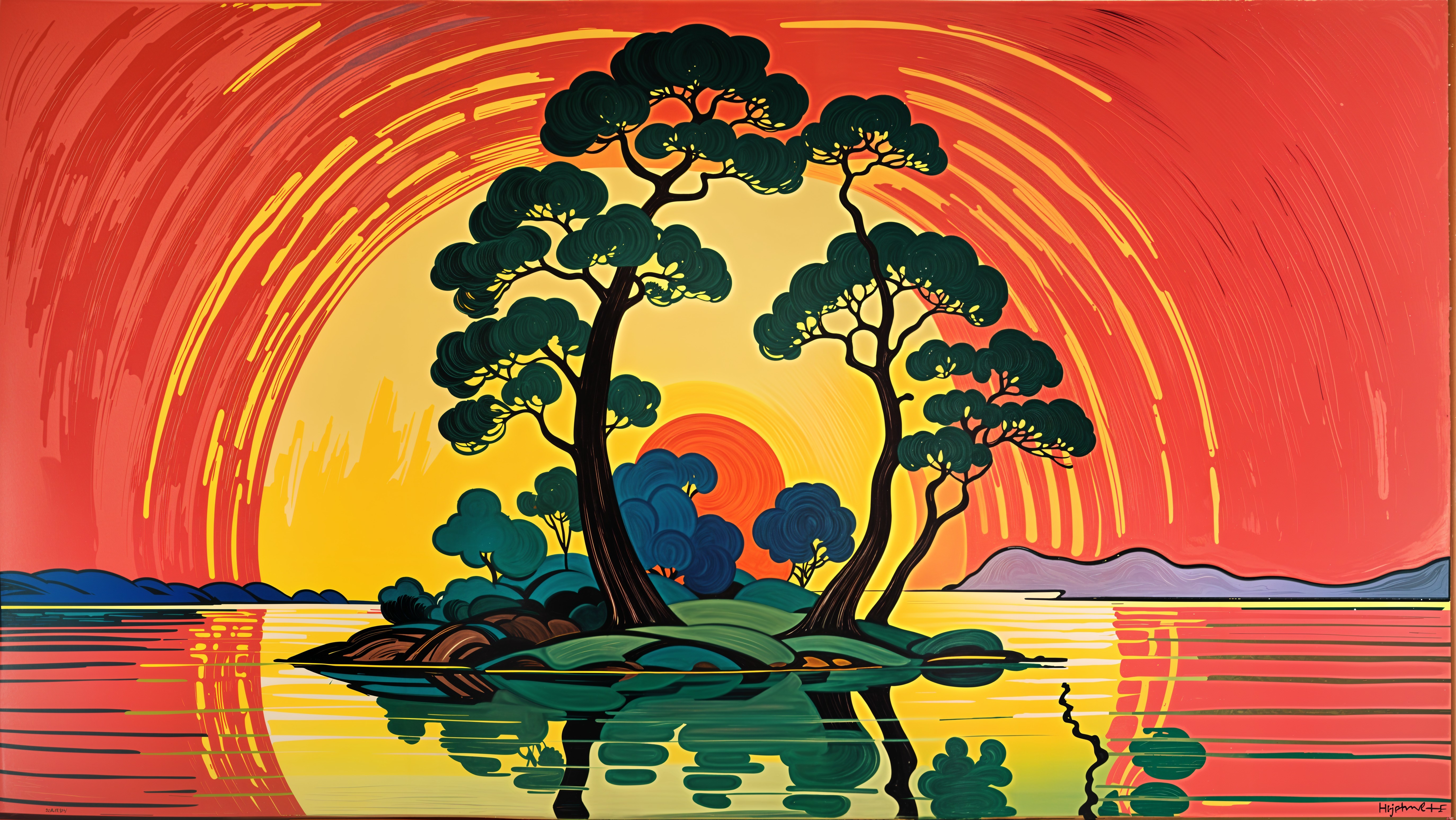 Vibrant Island Landscape with Sunset and Hills