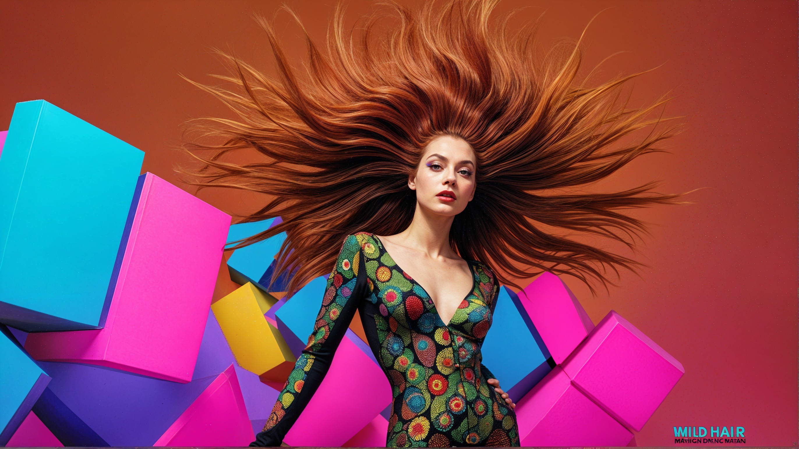 Vibrant Hairstyle and Colorful Bodysuit on Bold Backdrop