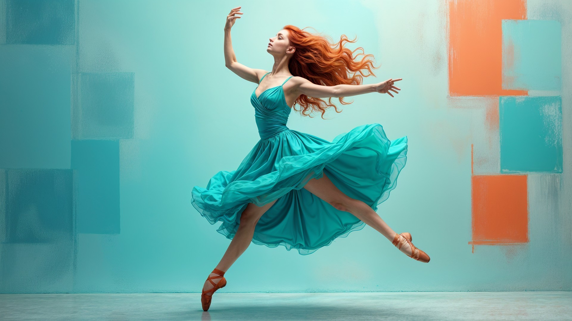 Dancer in Mid-Air with Teal Dress and Red Hair