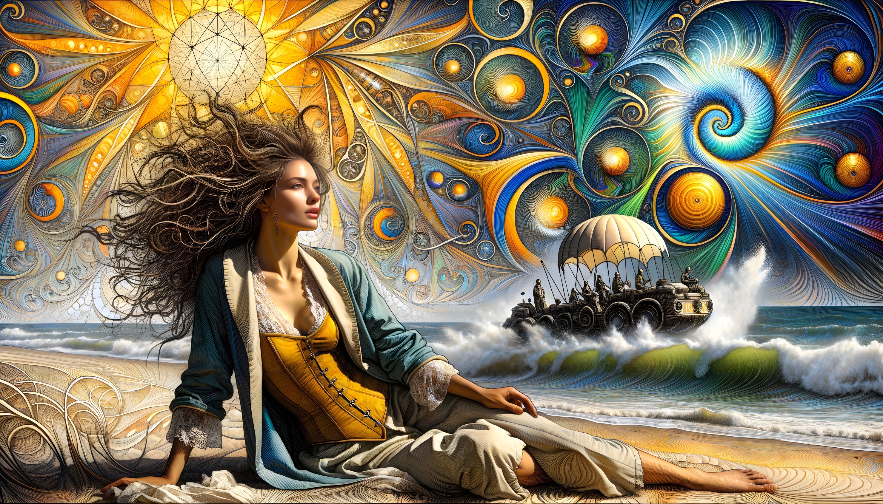 Whimsical Beach Scene with Dreamlike Sailing Ship