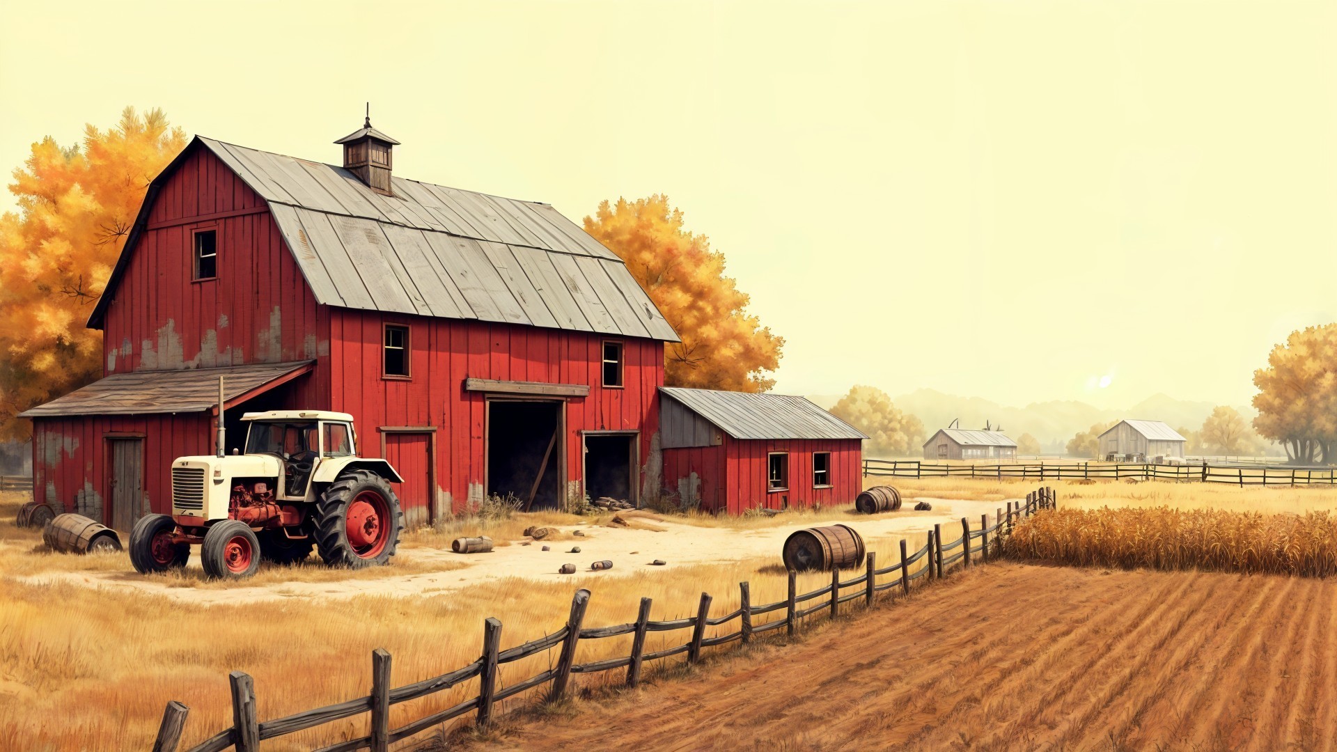 Vibrant Red Barn in Autumn Rural Landscape