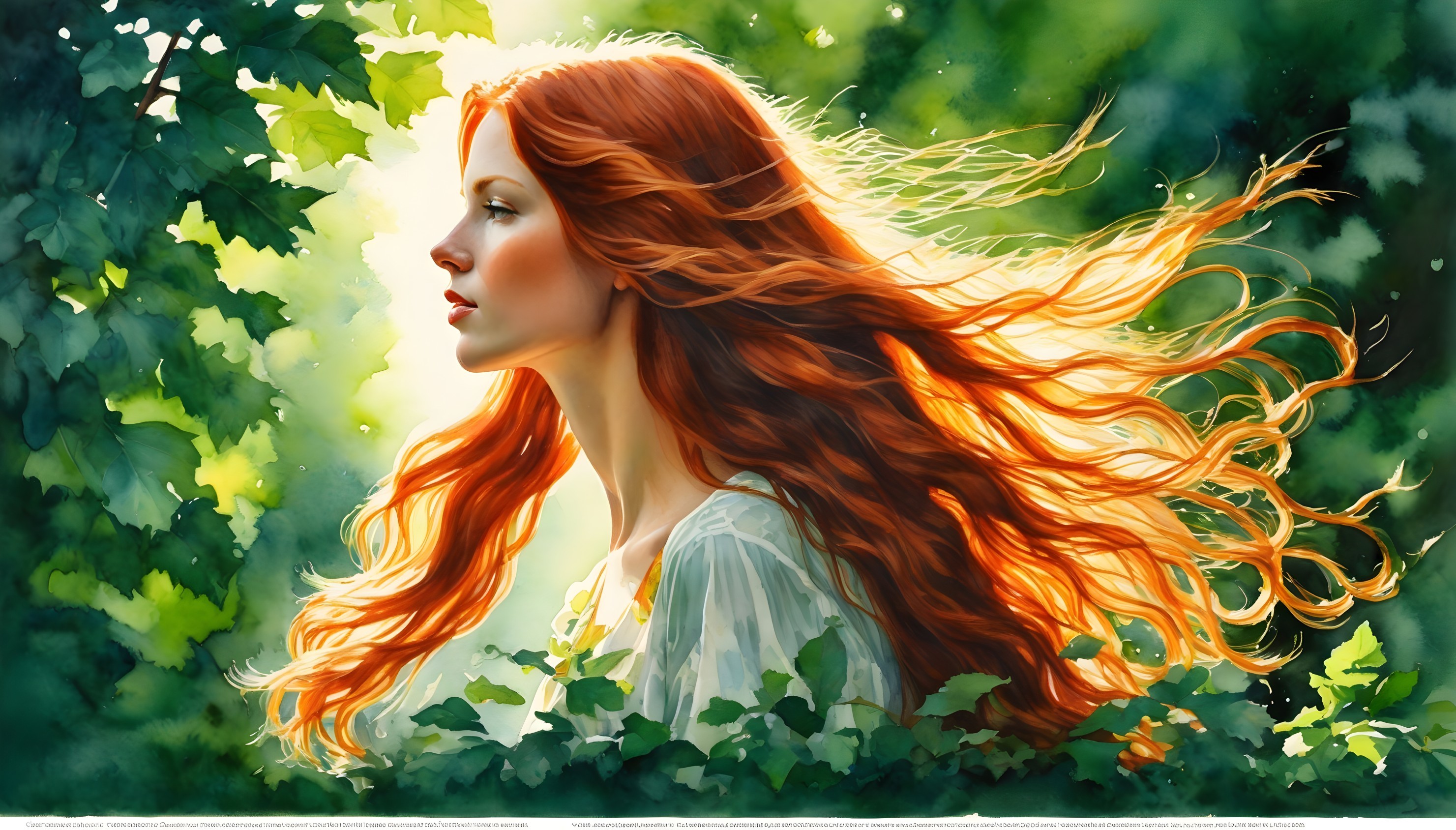 Profile of a Woman with Red Hair in Nature