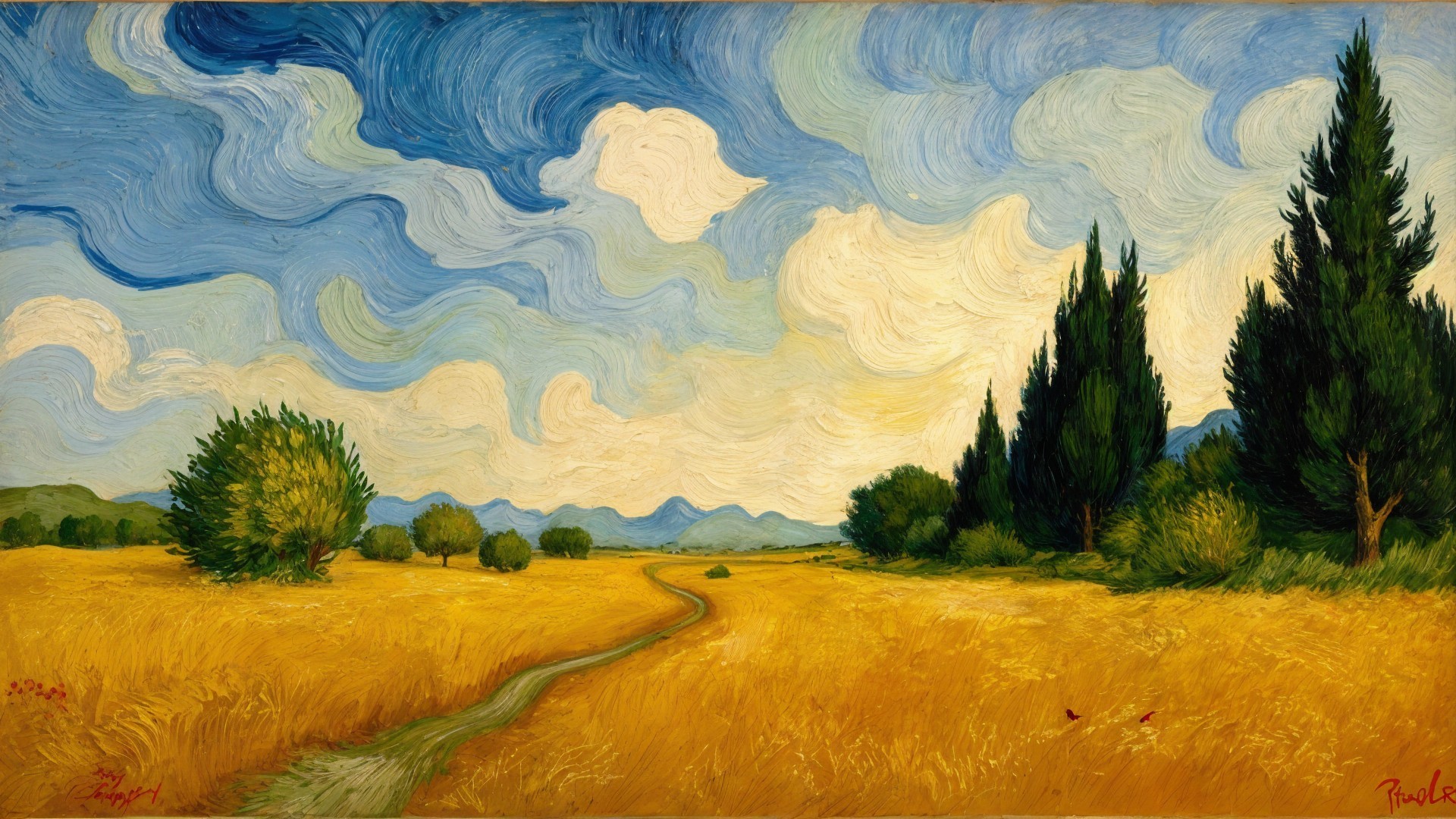 Vibrant Landscape with Golden Fields and Cypress Trees