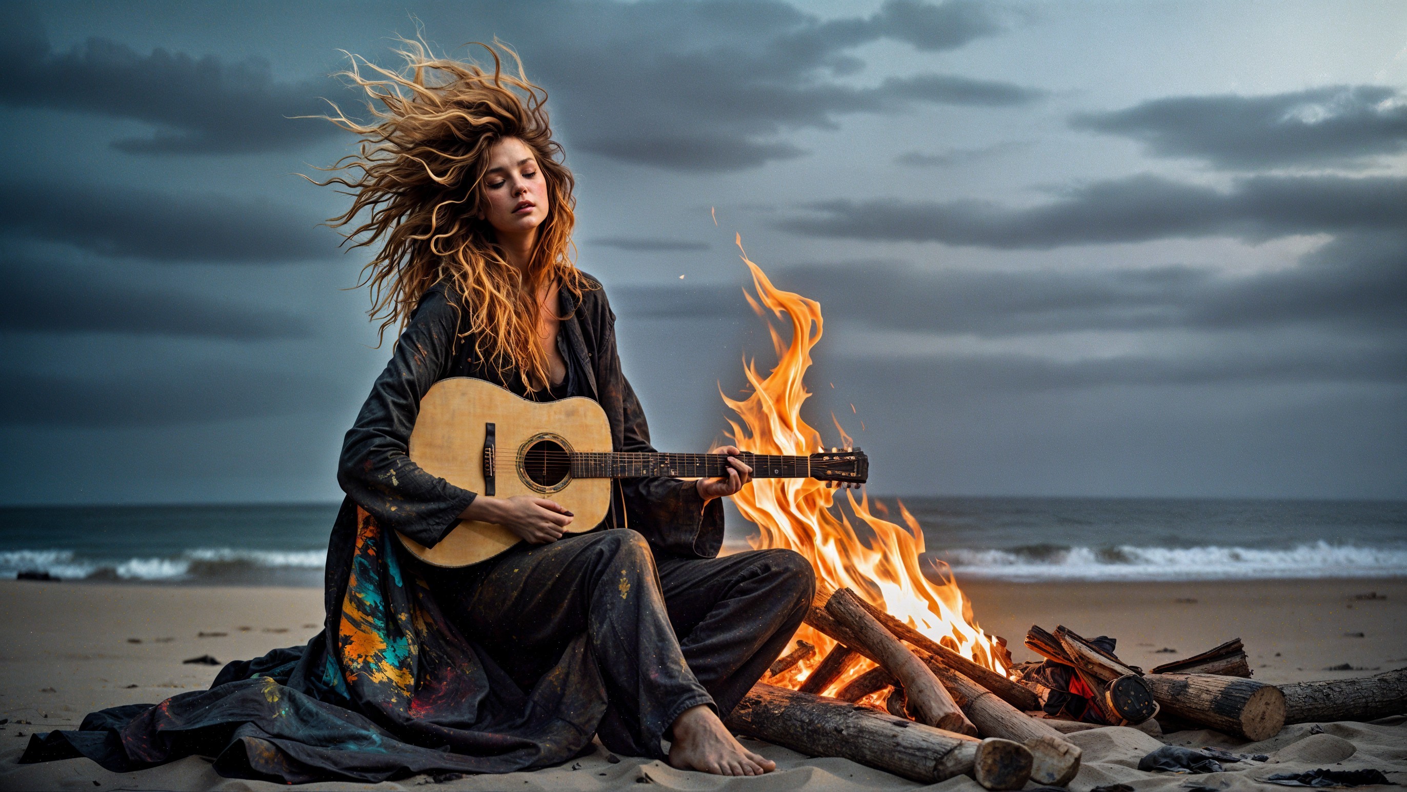 Woman by Campfire Playing Guitar on Beach at Dusk