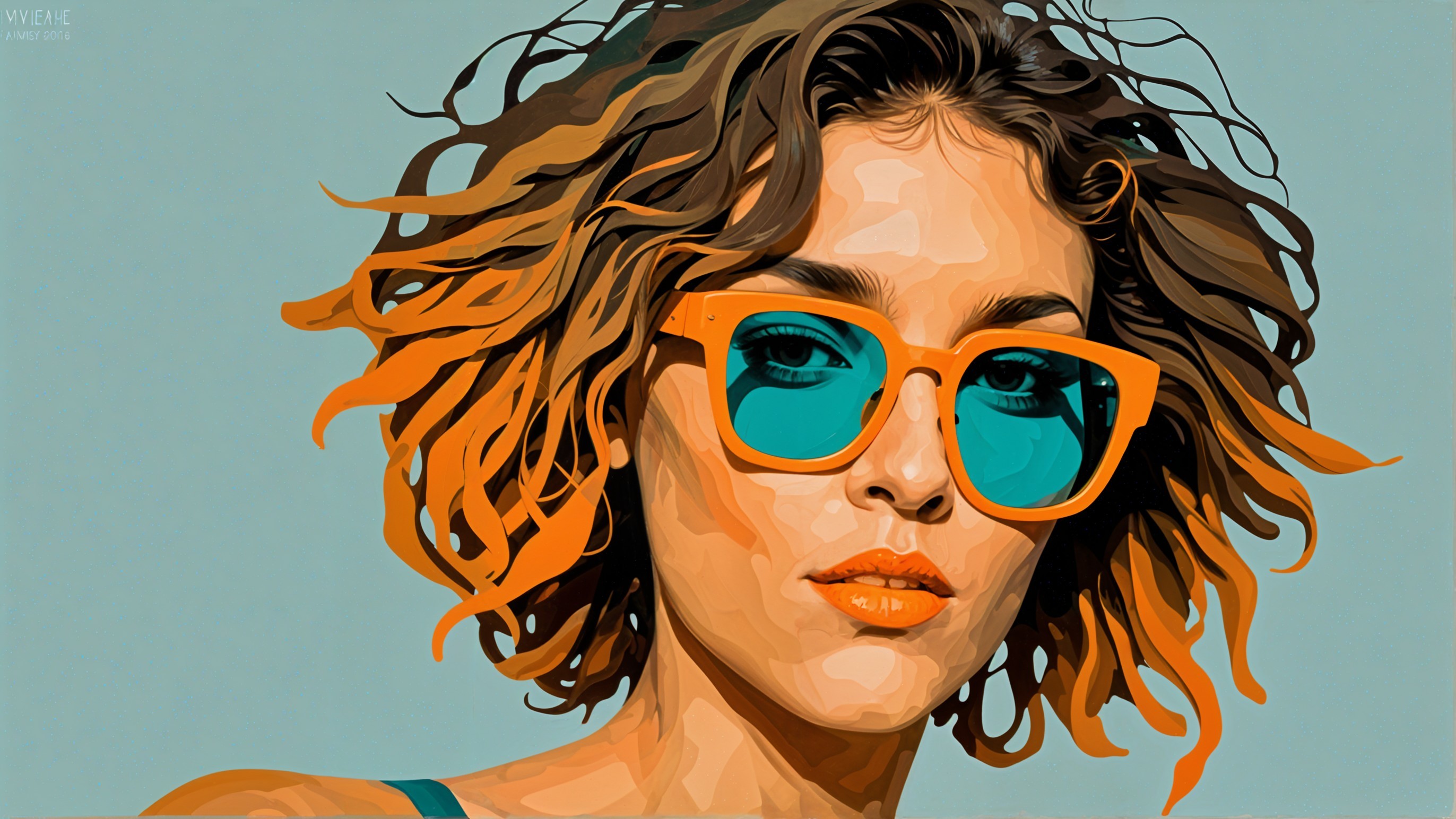 Stylized portrait of a woman with vibrant hair and sunglasses