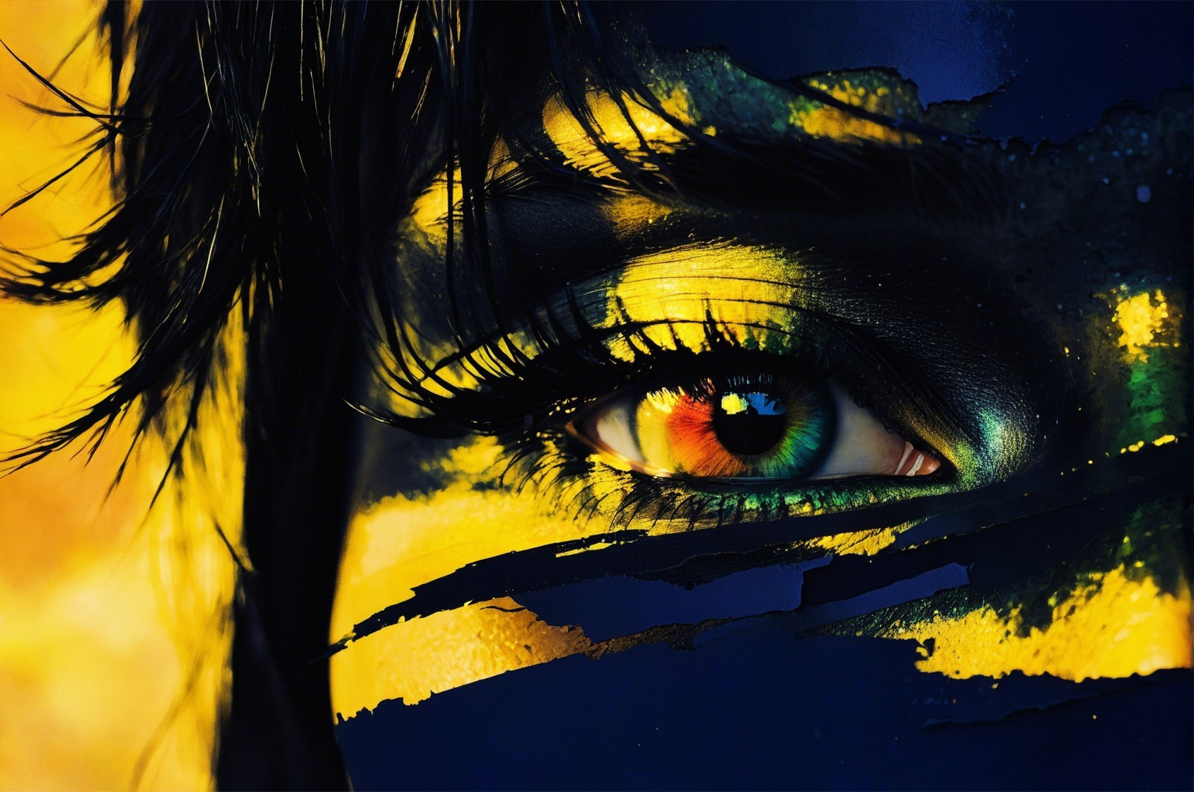 Close-up of a colorful eye with dramatic makeup