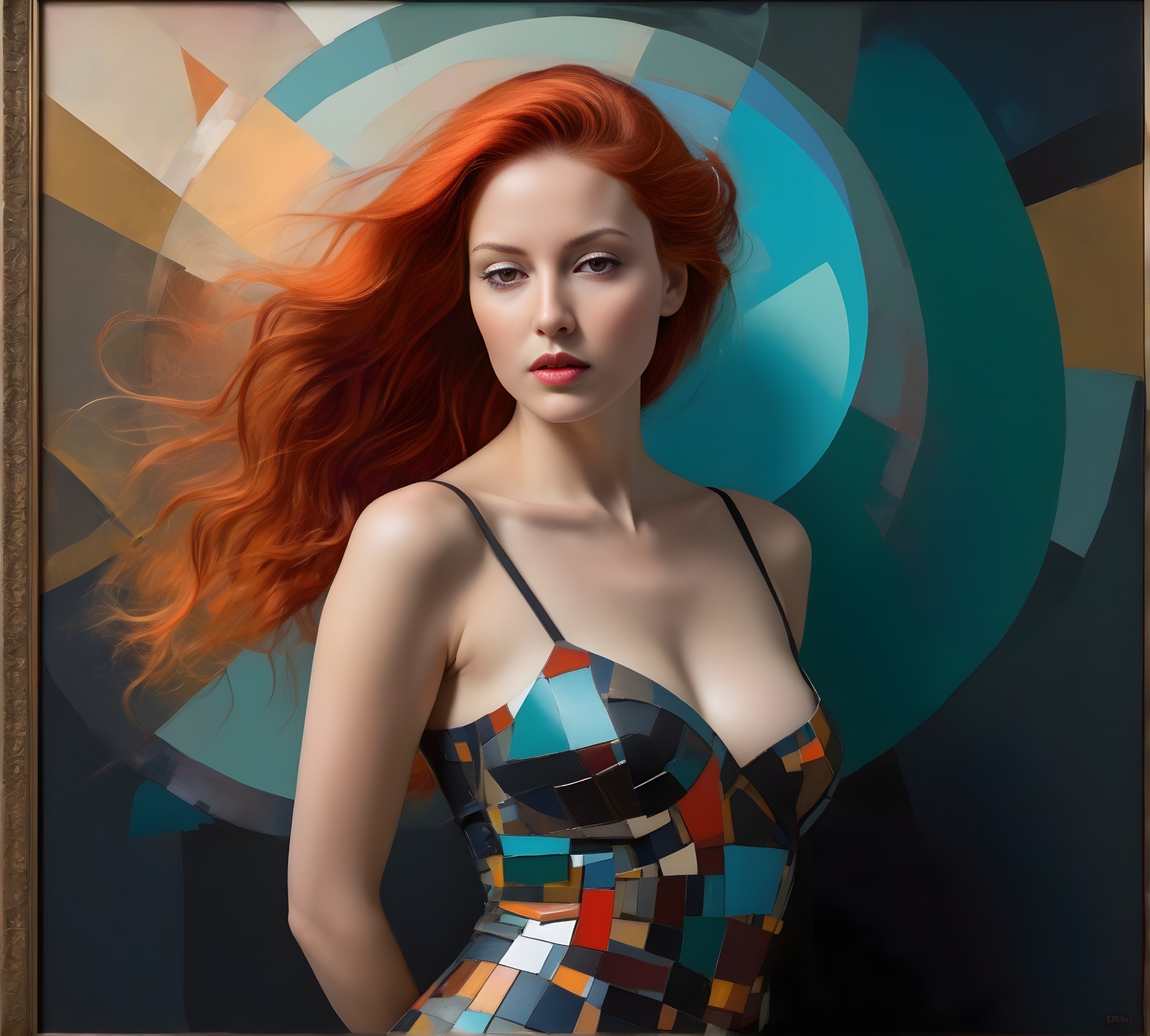 Woman with Red Hair in Colorful Geometric Dress