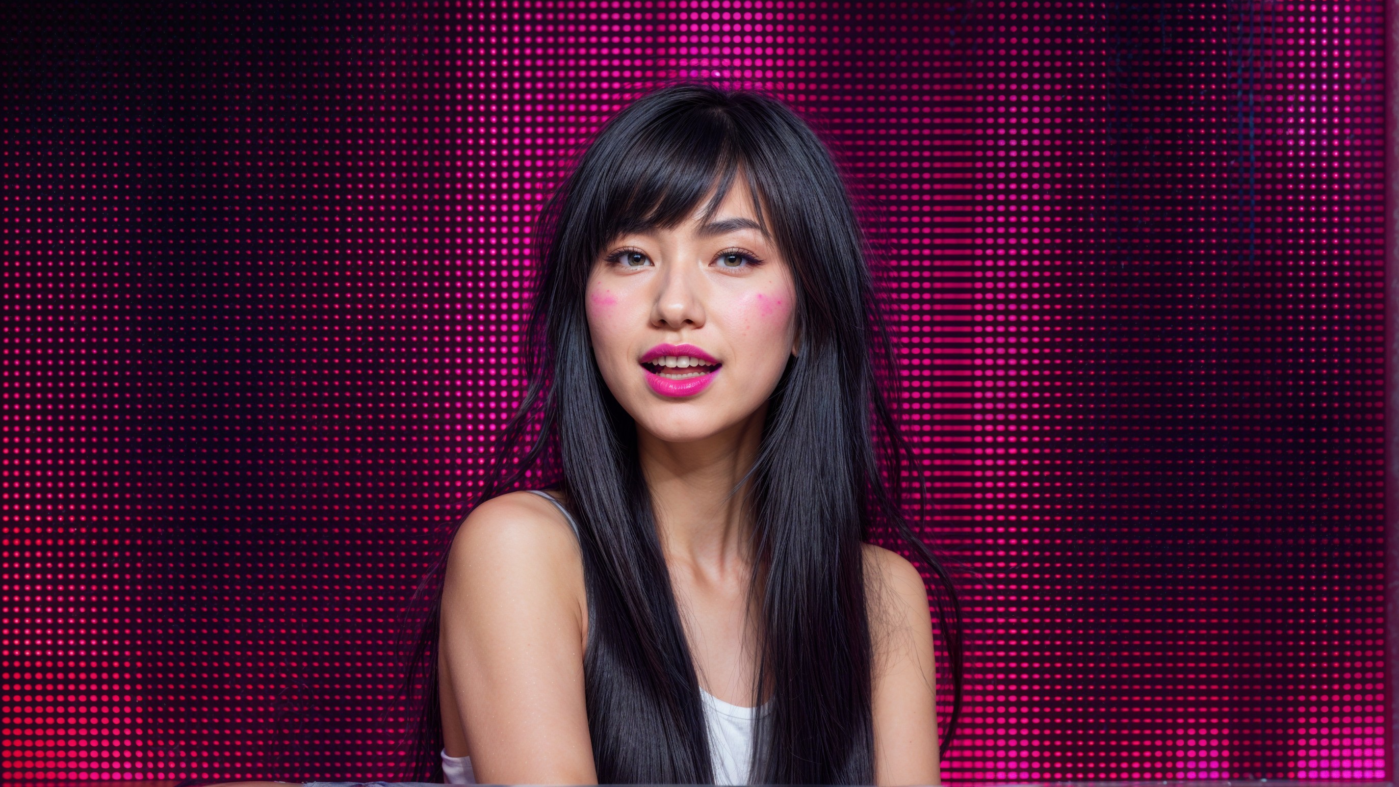 Woman with Black Hair Against Pink LED Background