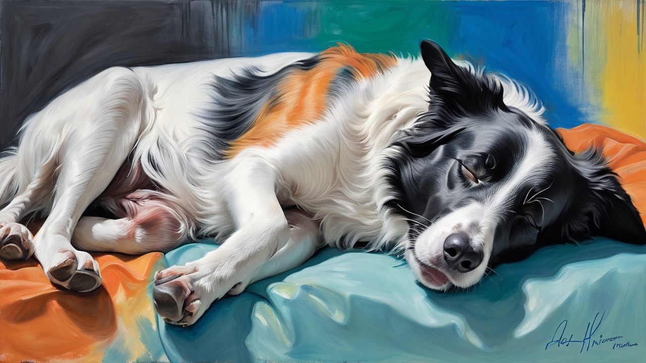 Relaxed Dog on Colorful Blanket with Abstract Background