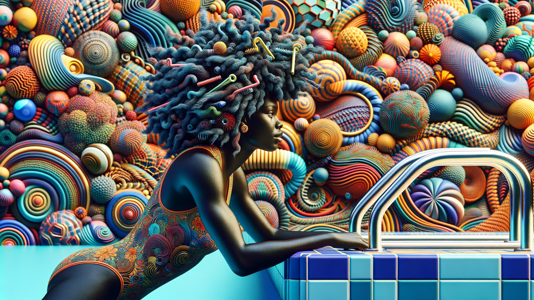 Woman with Colorful Hair by Vibrant Poolside Scene