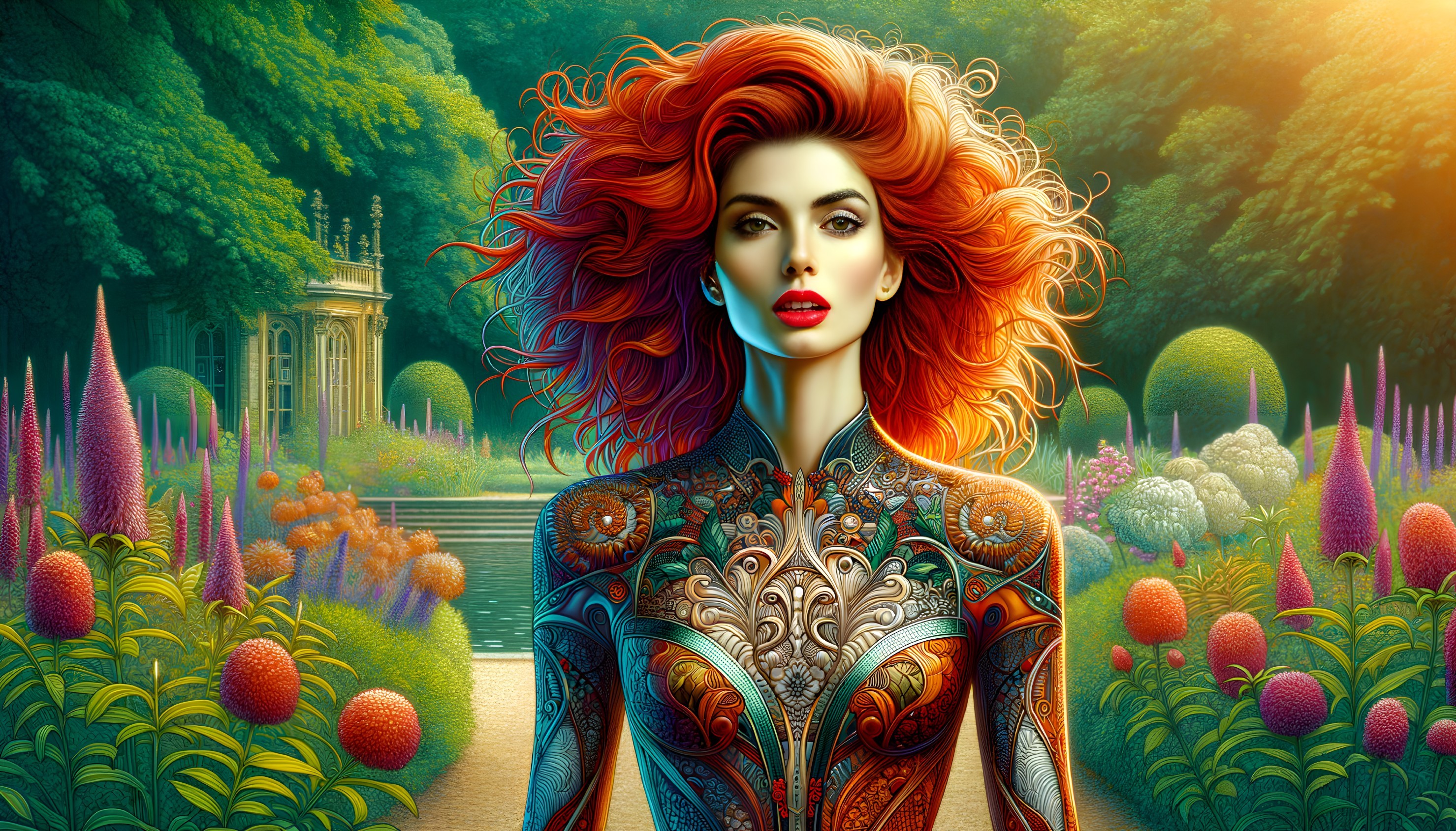 Woman in ornate outfit in a vibrant garden setting