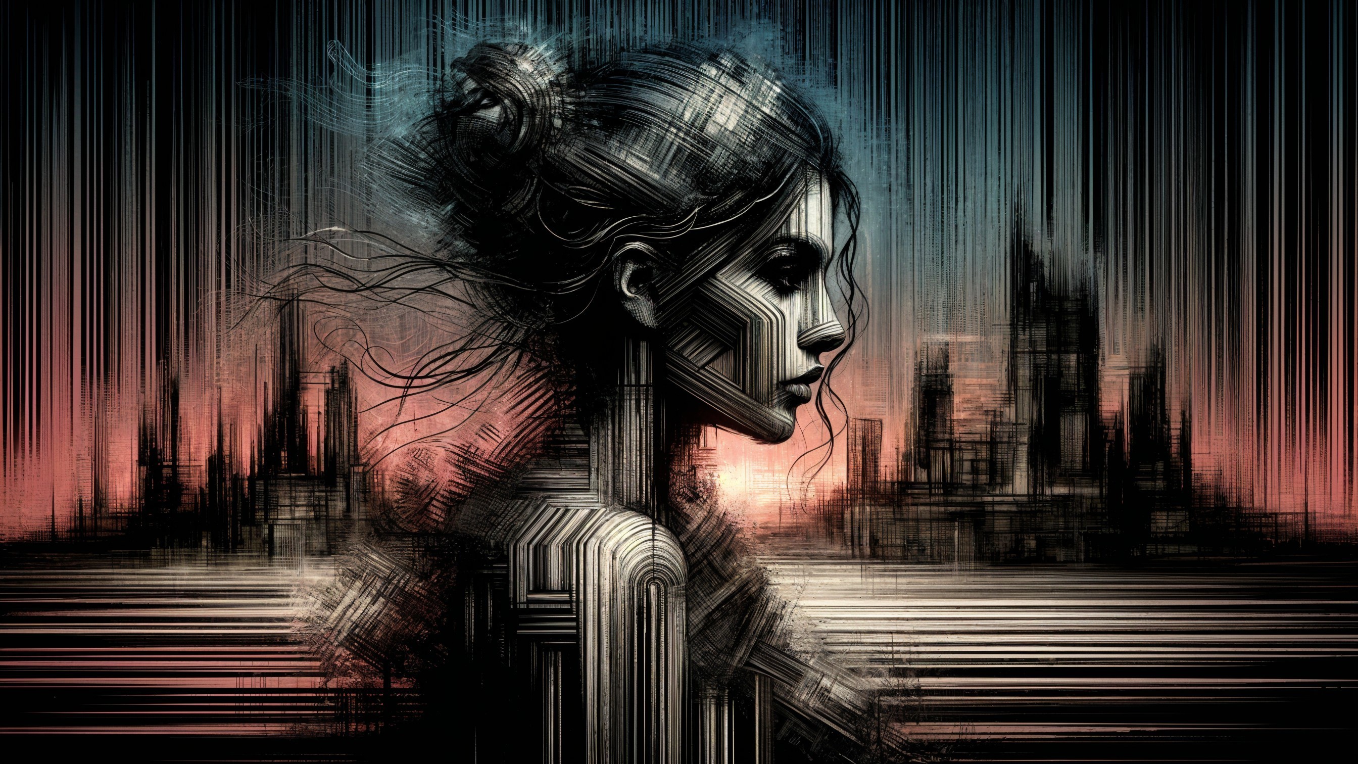 Stylized Silhouette of Woman in Abstract Cityscape
