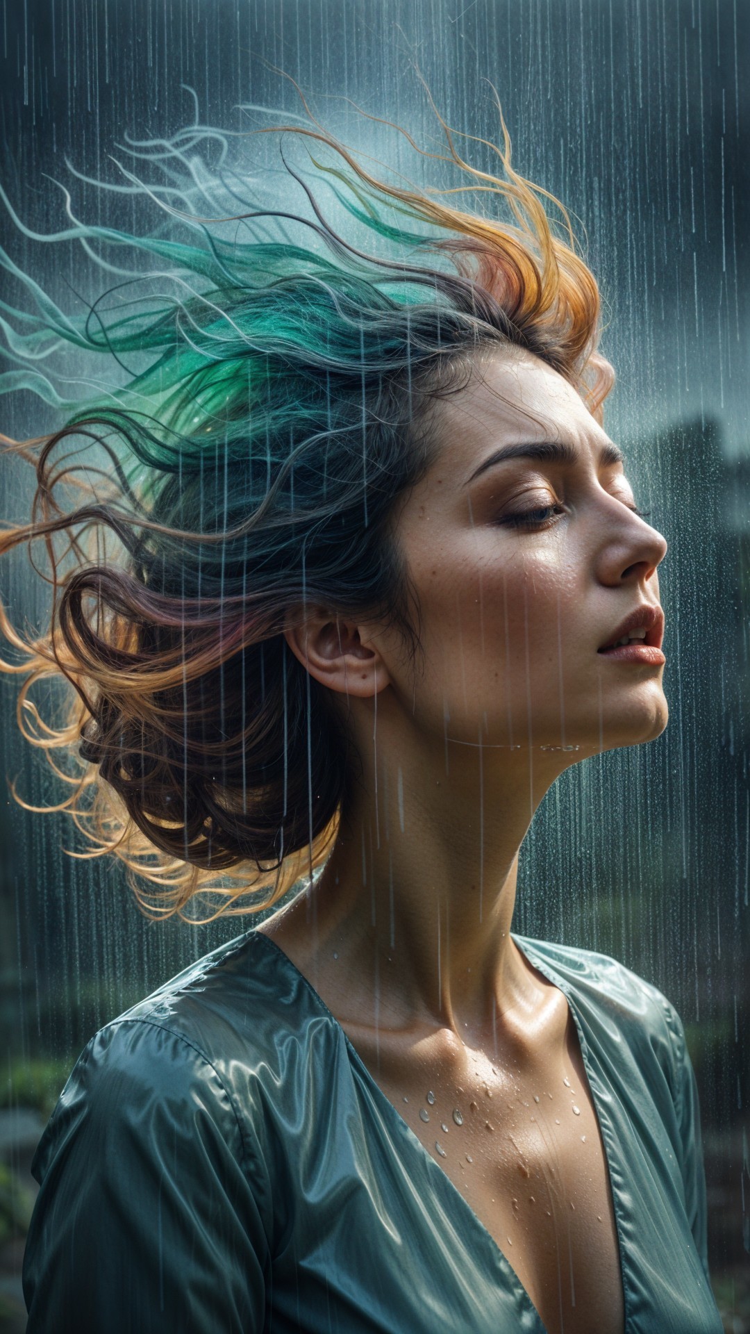 Woman in the rain with vibrant hair highlights