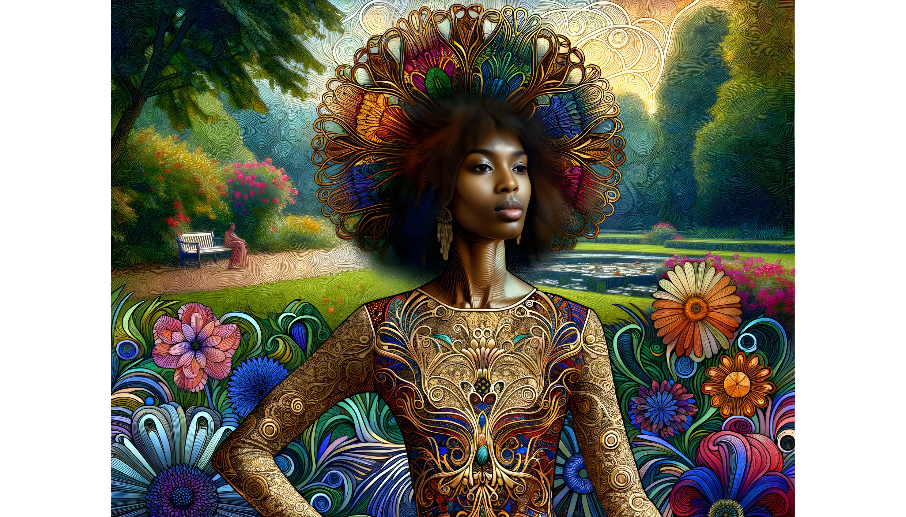 Portrait of Woman in Vibrant Dress in Garden Setting