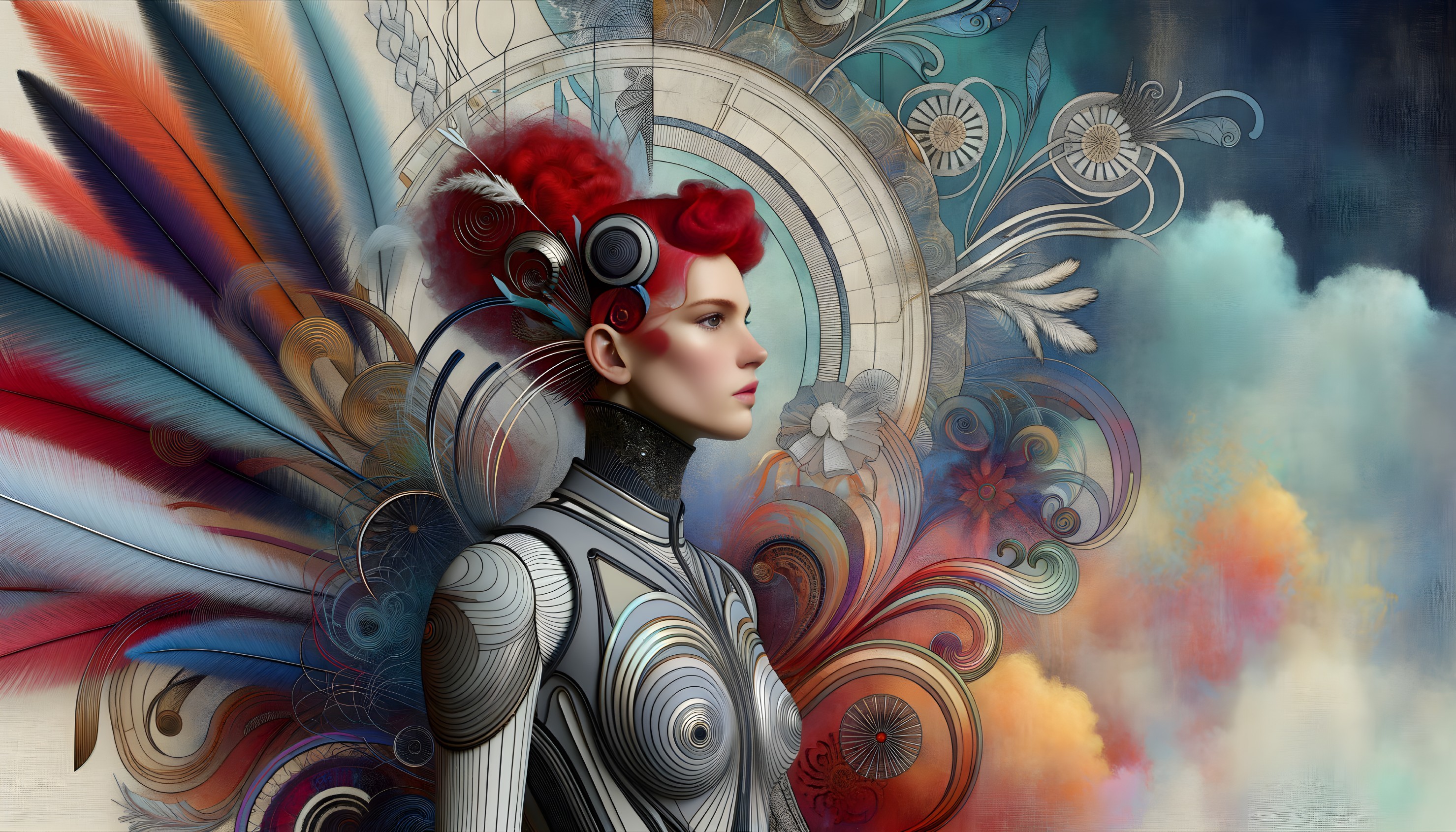 Futuristic Figure with Mechanical Details and Vibrant Colors