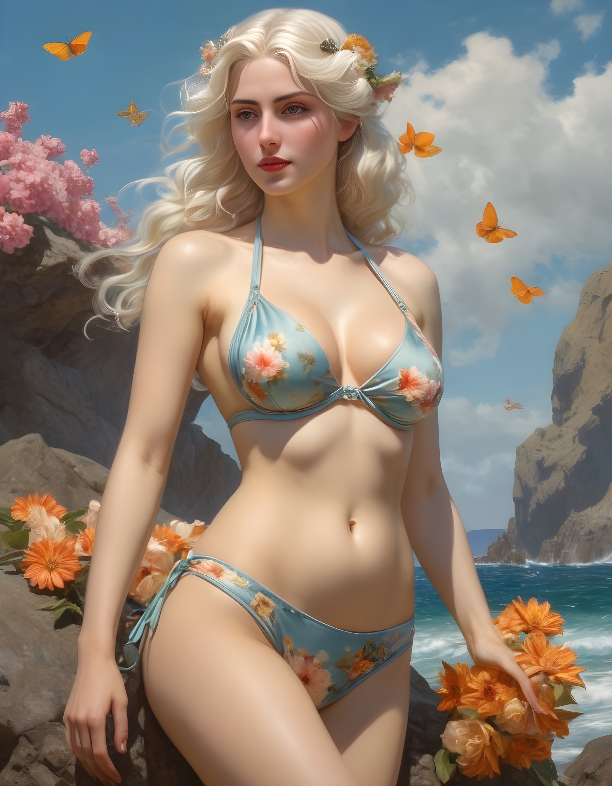 Blonde Woman in Floral Bikini on Rocky Beach