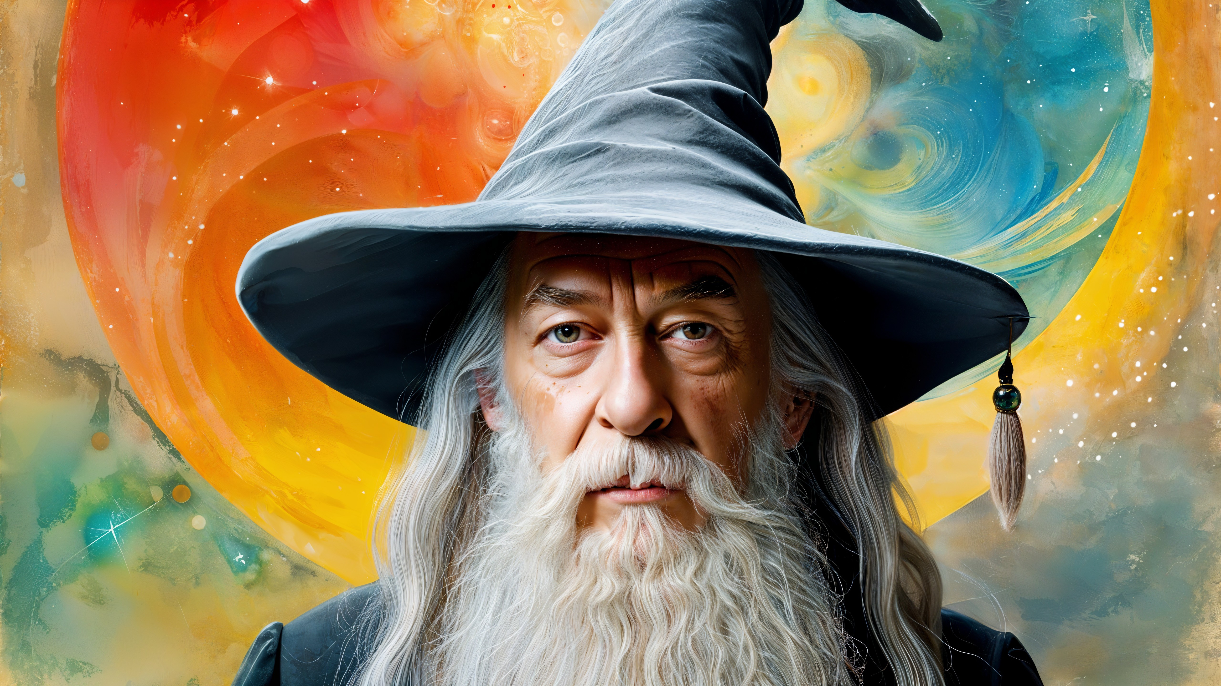 Portrait of an Elderly Wizard Against Cosmic Background