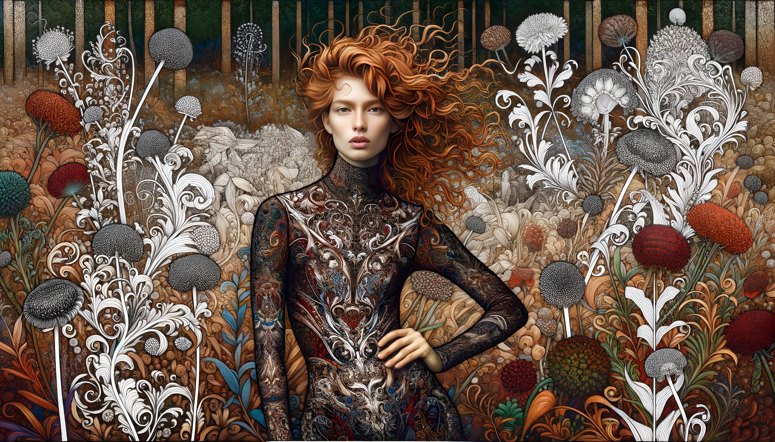 Woman in Lace Dress Against Floral Background