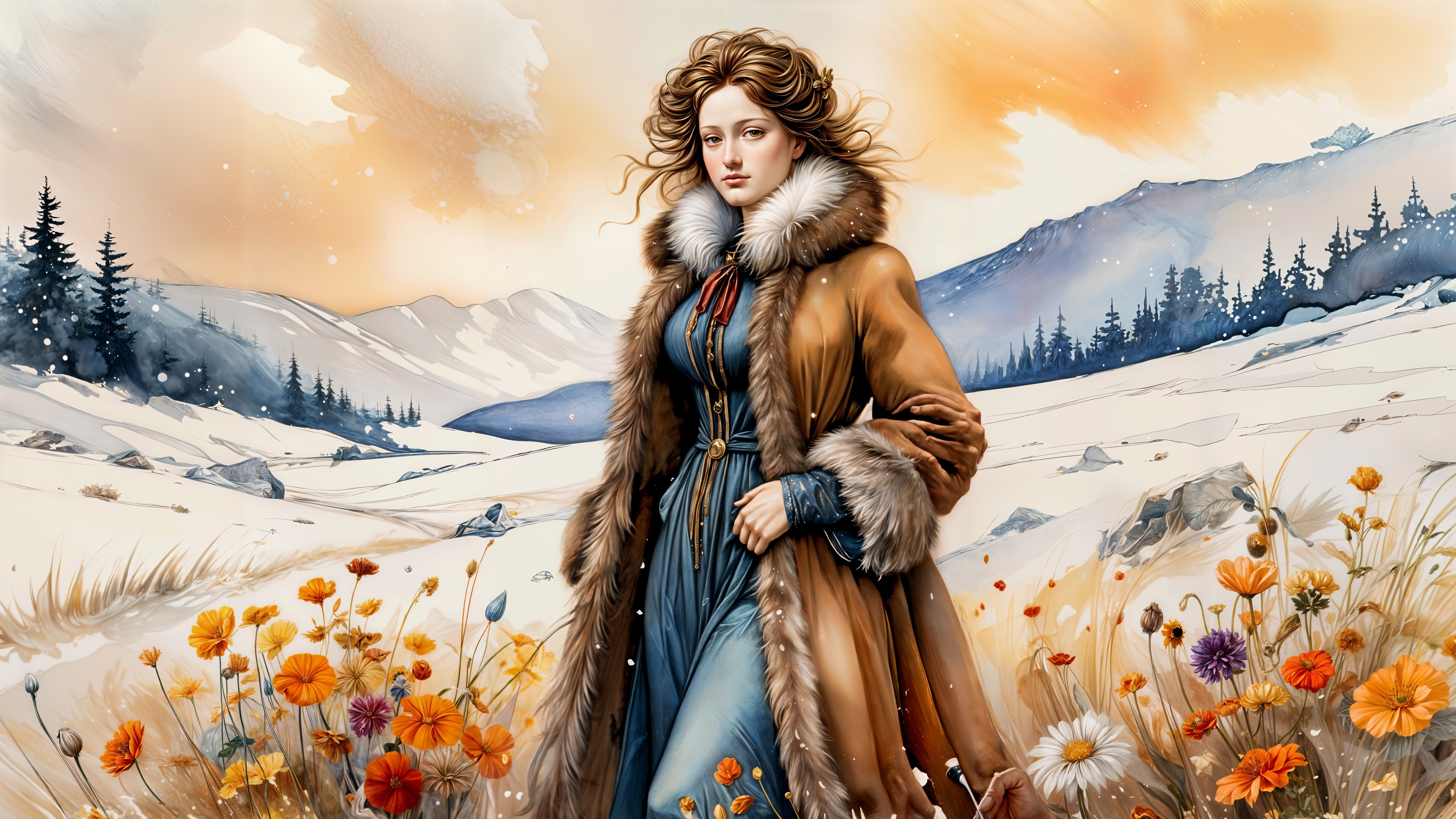 Watercolor Painting of Woman in Blue Dress and Flowers