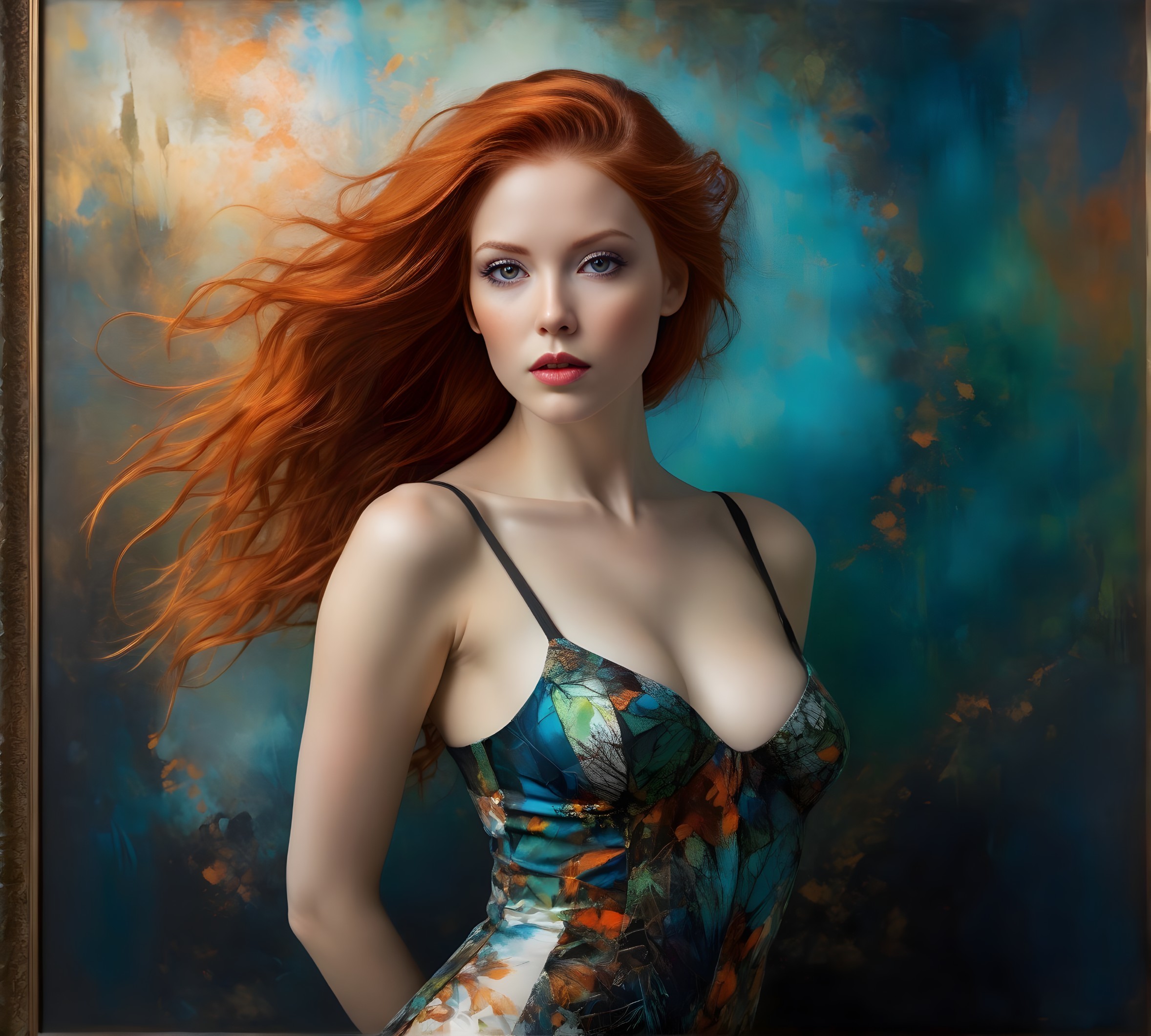 Portrait of a Woman with Red Hair and Abstract Background