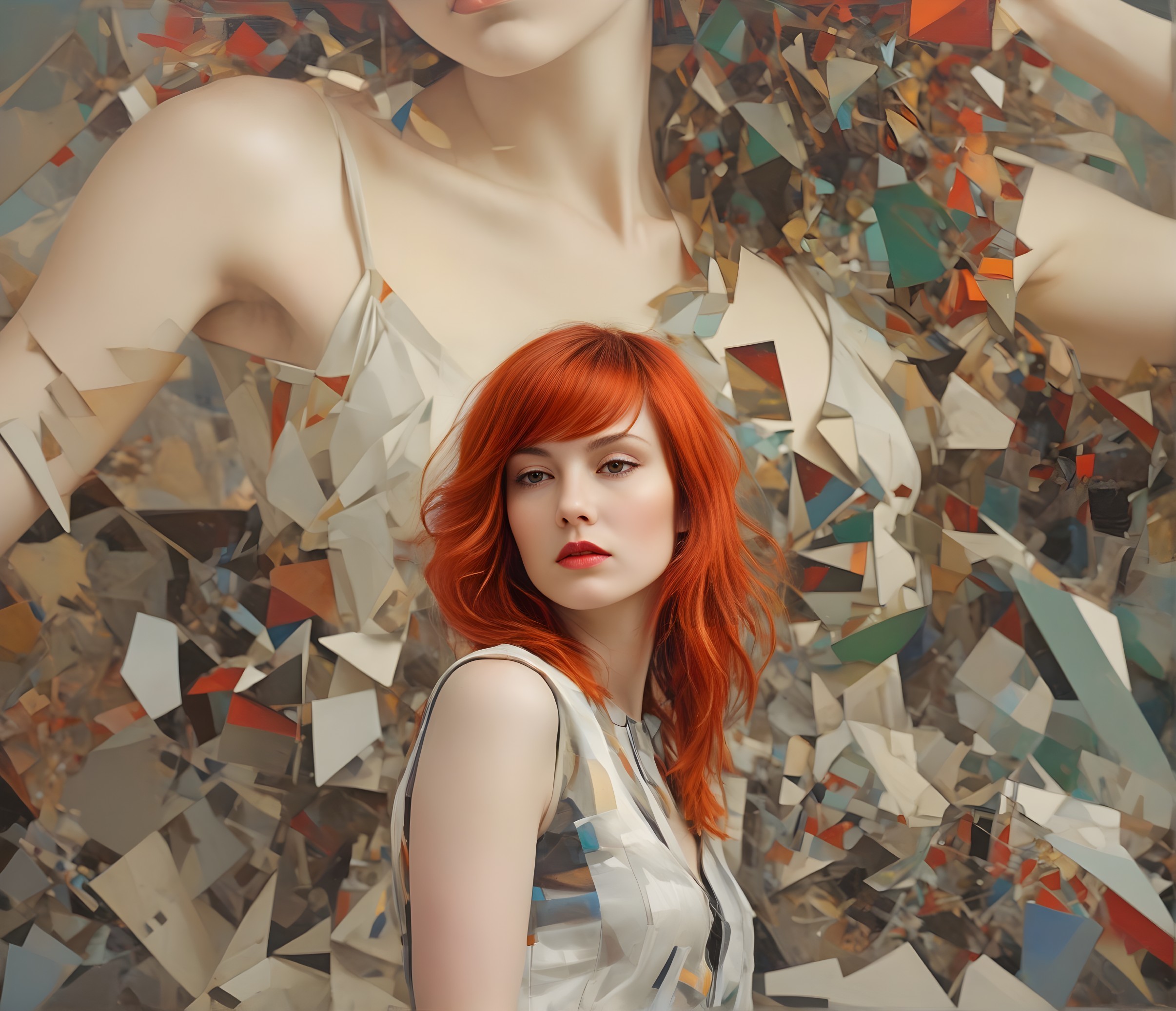 Woman with Red Hair Against Reflective Fragmented Backdrop