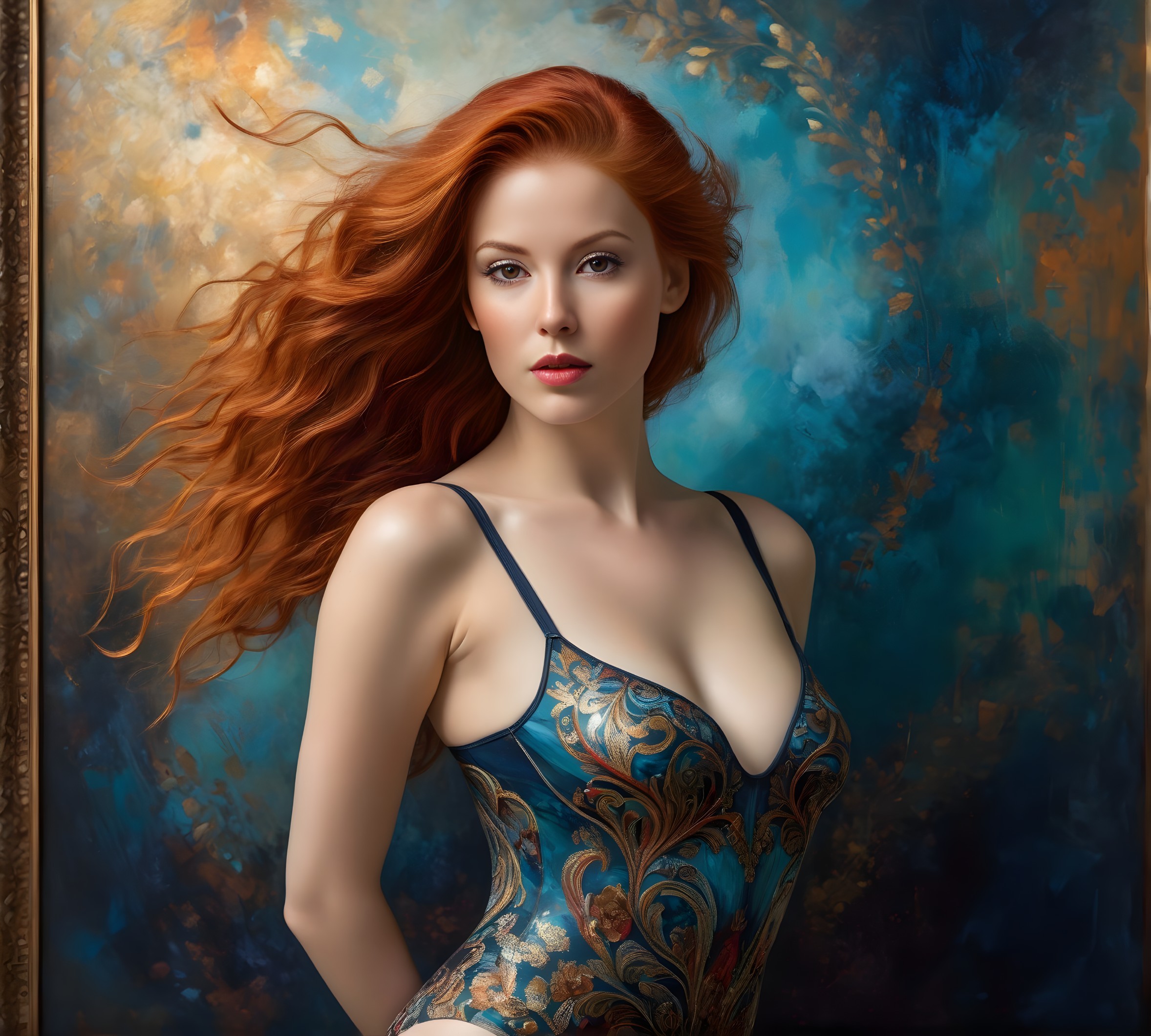 Striking Woman in Blue and Gold Bodysuit with Red Hair