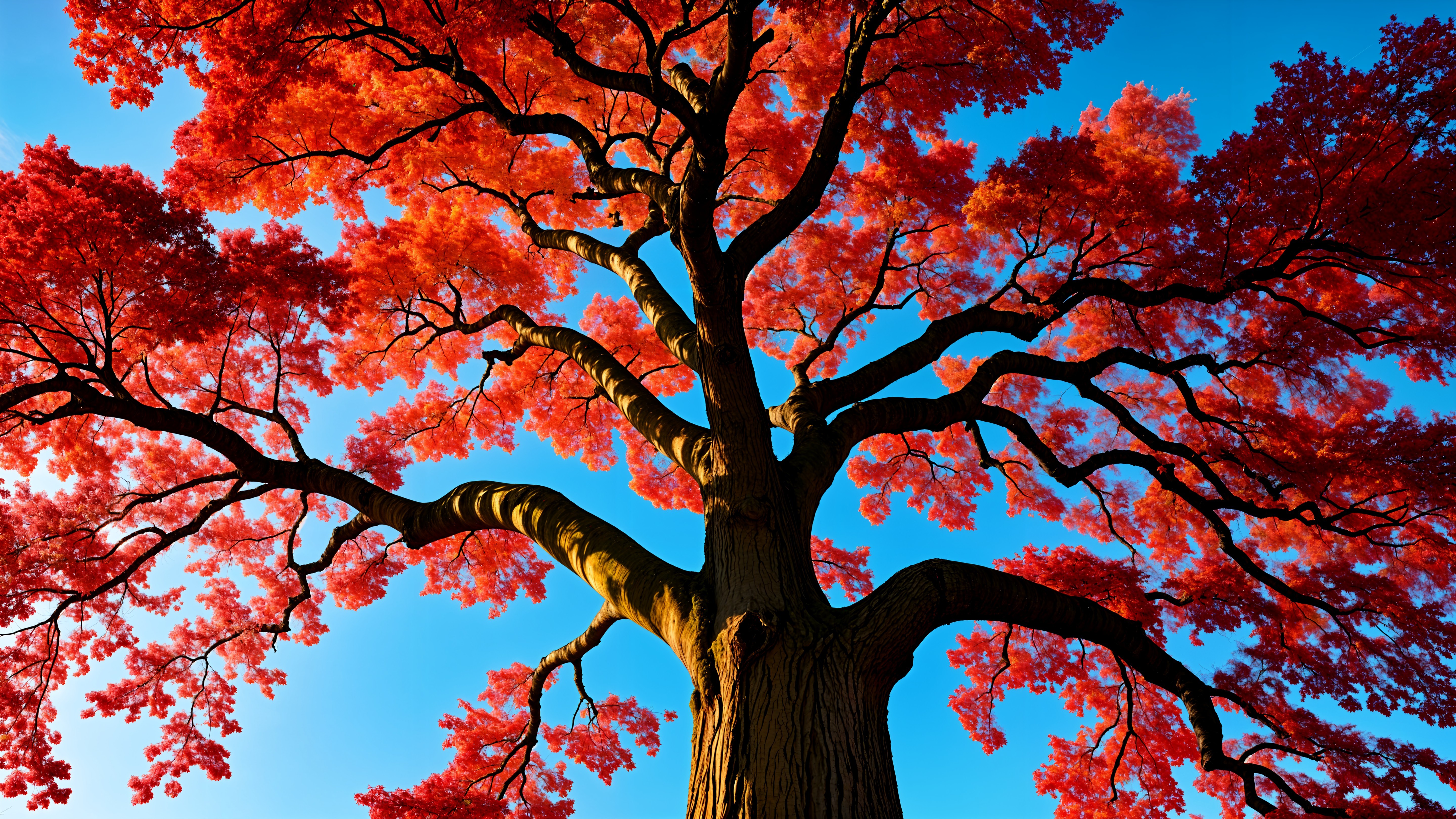 Majestic Tree with Red Leaves Under Blue Sky