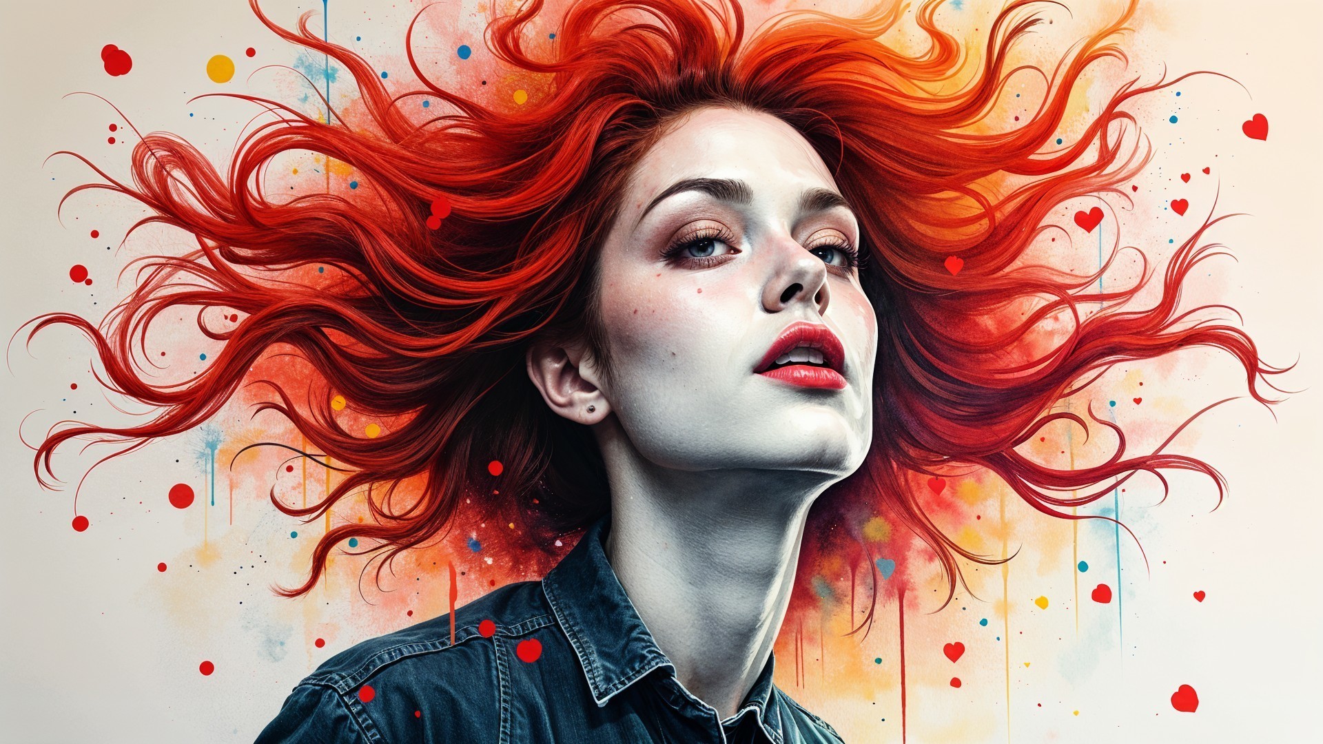 Portrait of a Woman with Vibrant Red Hair and Colors
