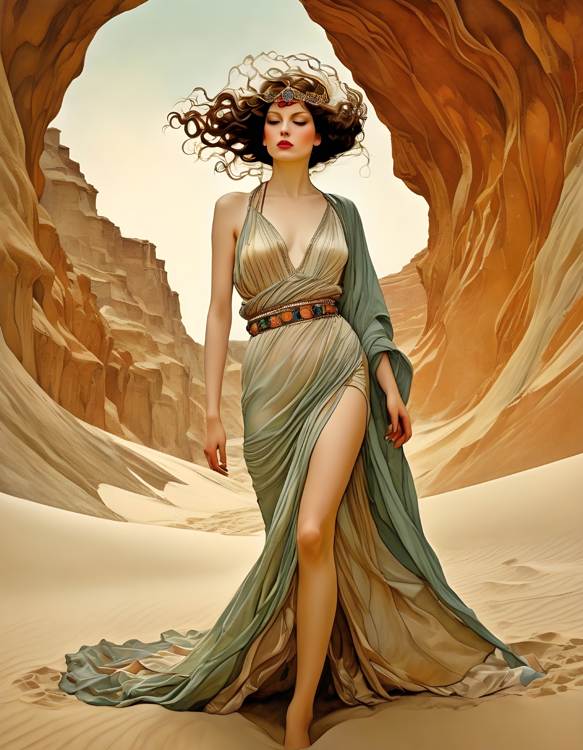 Elegant Figure in Desert Landscape with Rock Formations