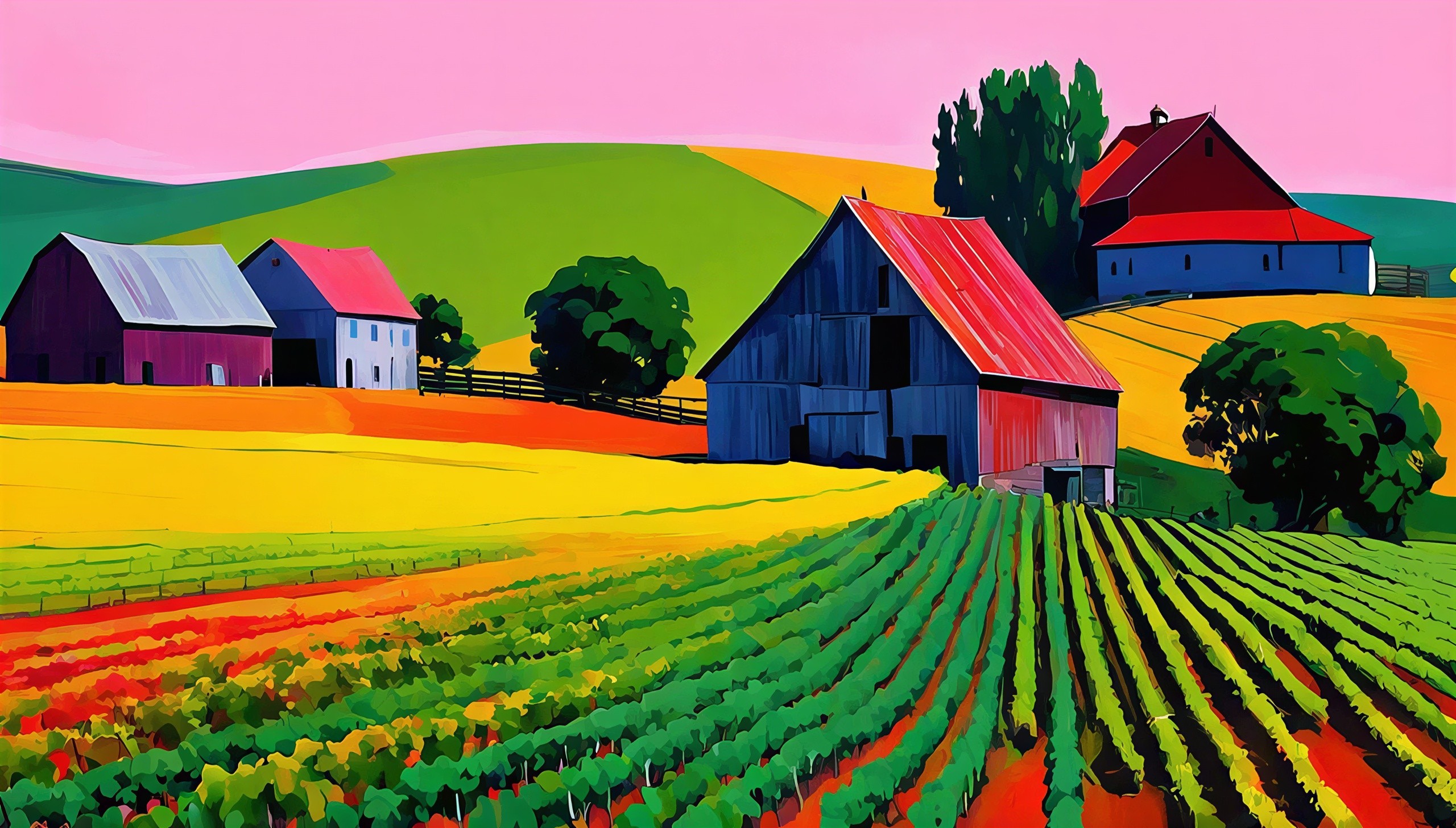 Impressionistic Painting of Farm Landscape with Barns