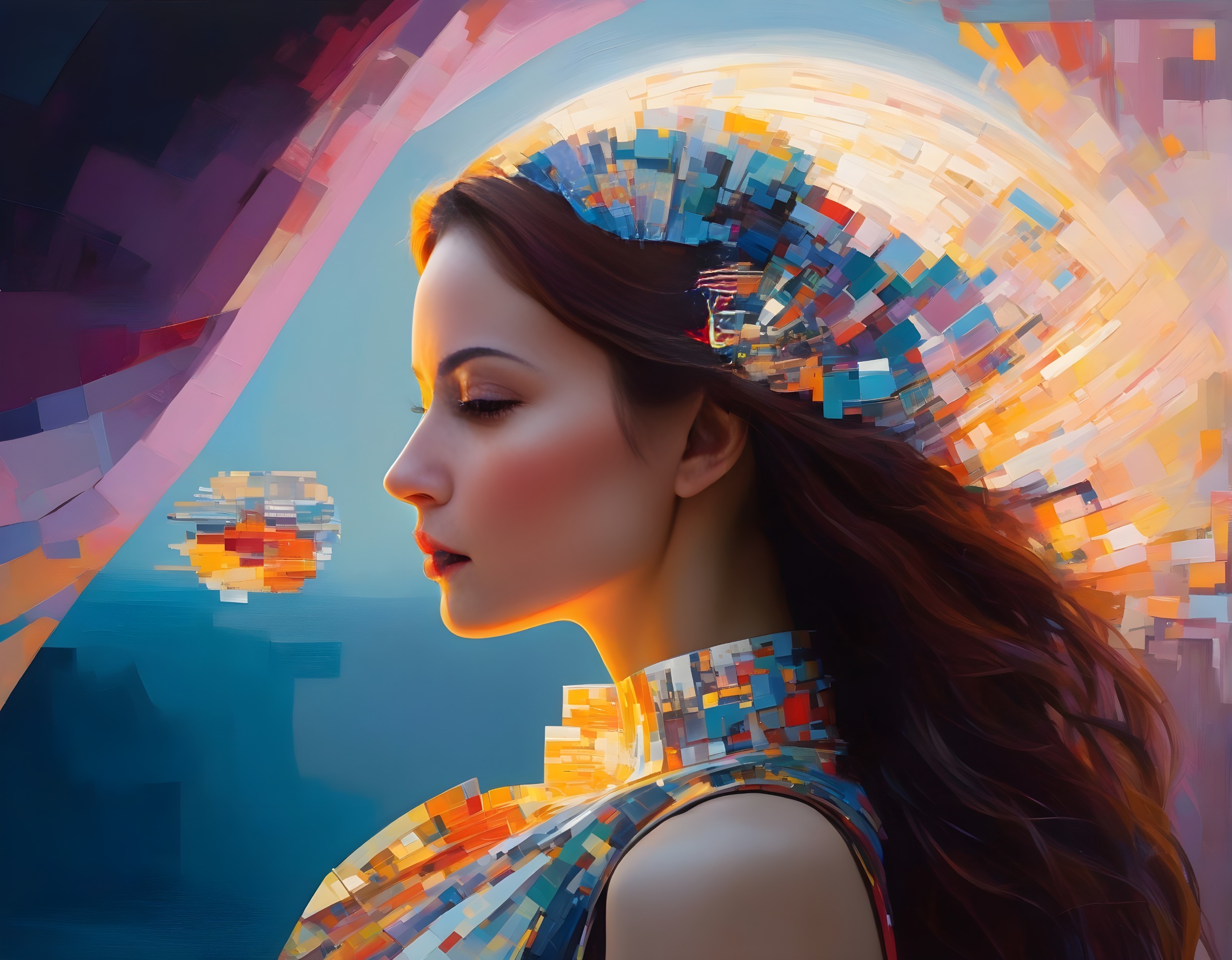Woman's Side Profile with Abstract Colorful Halo