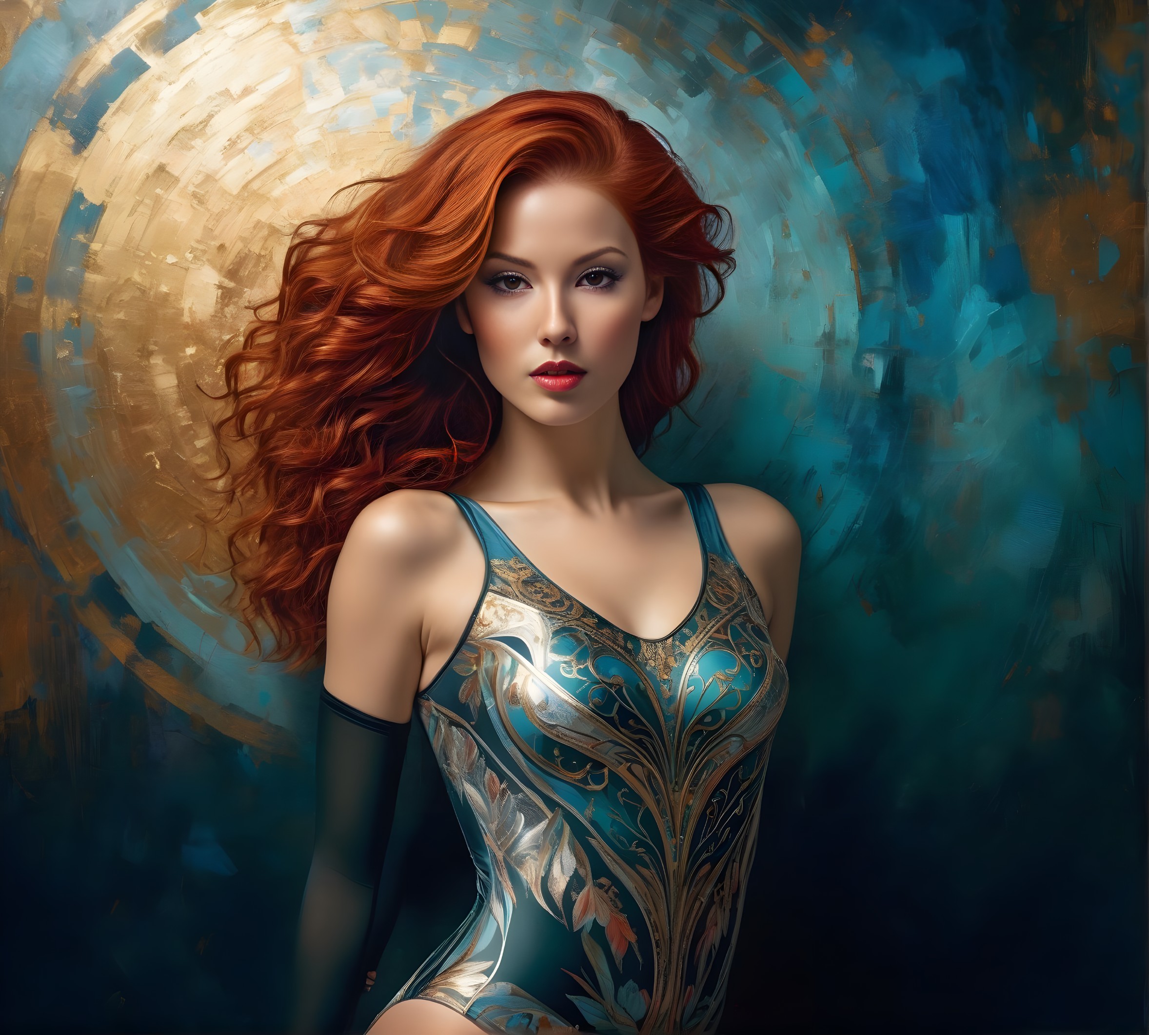 Striking Woman in Elegant Floral Swimsuit with Red Hair