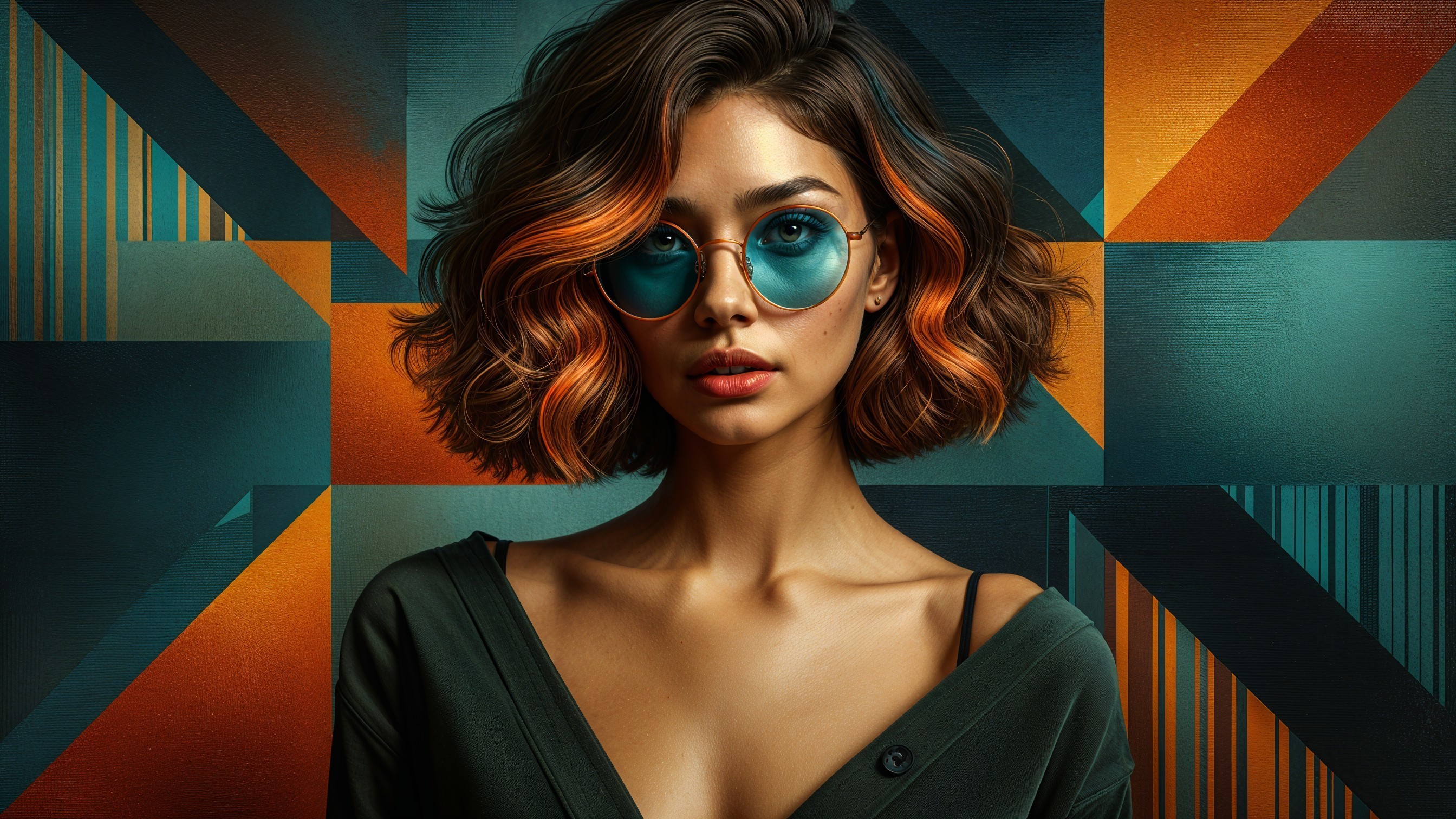 Young woman with wavy bob and vibrant geometric background