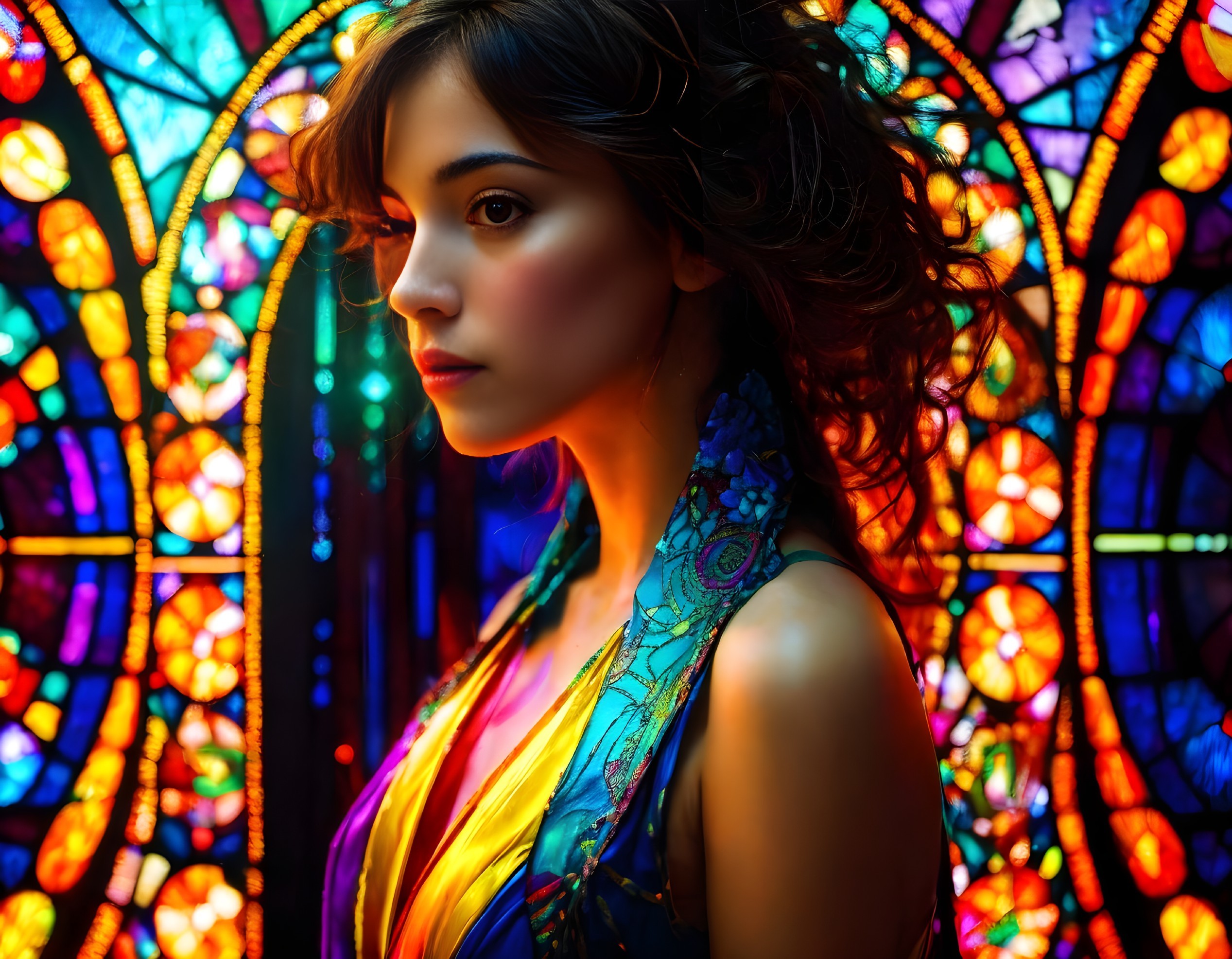 Young Woman in Profile Against Colorful Stained Glass