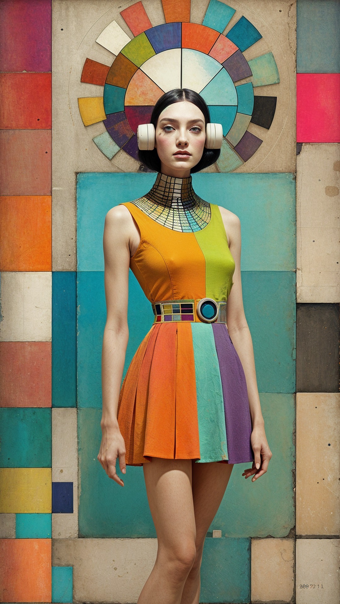 Fashion Model in Colorful Striped Dress Against Geometric Background