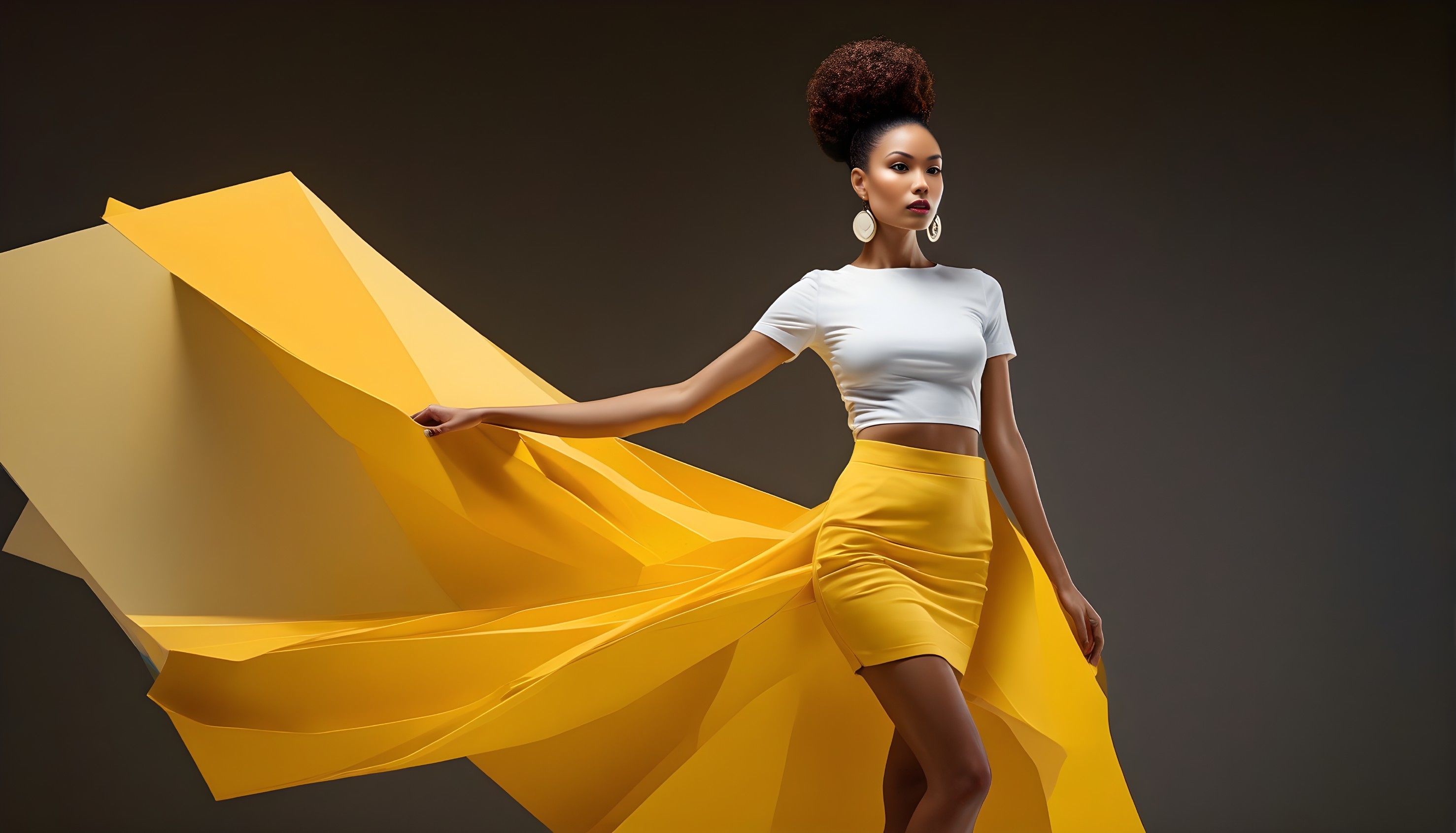 Model in White Crop Top and Yellow Skirt Against Dark Background