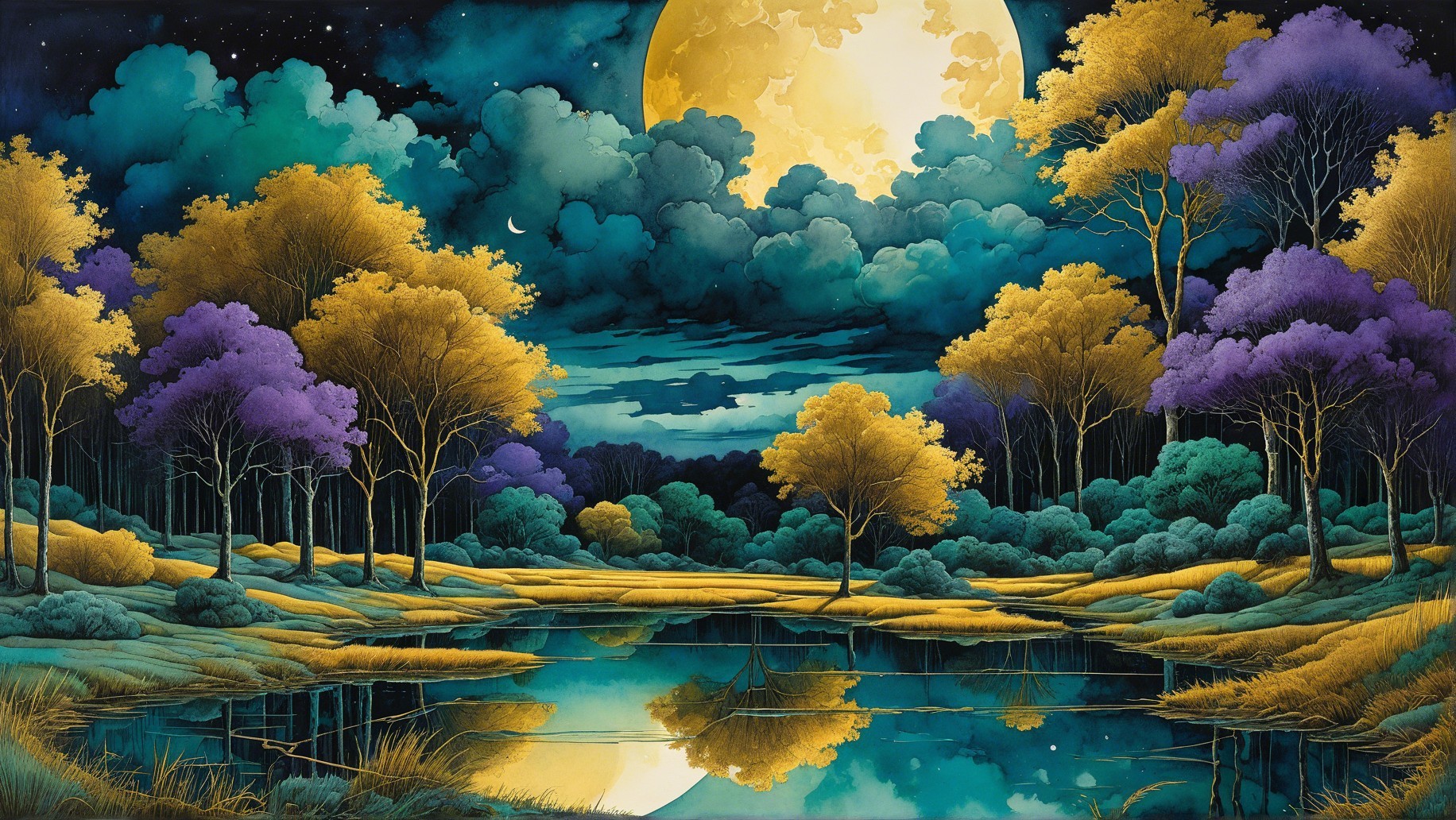 Moonlit Landscape with Colorful Trees and Pond