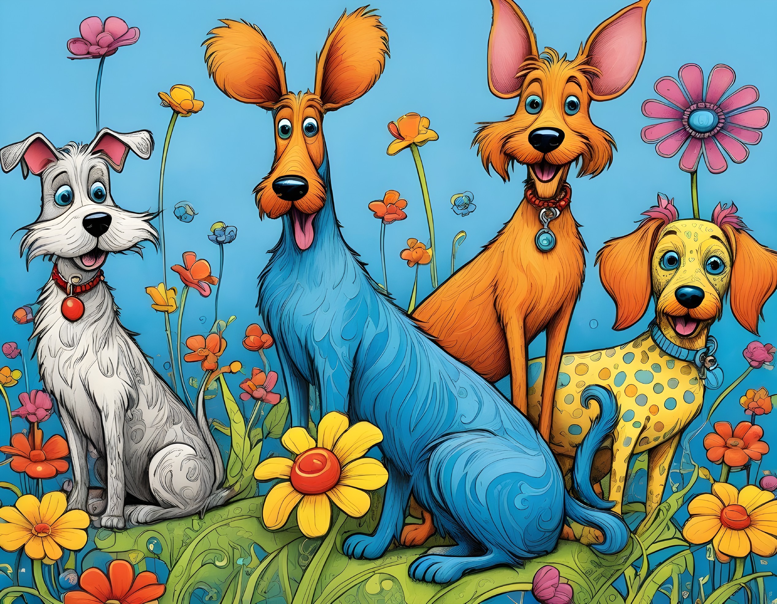 Playful Dogs in a Colorful Flower Garden Illustration