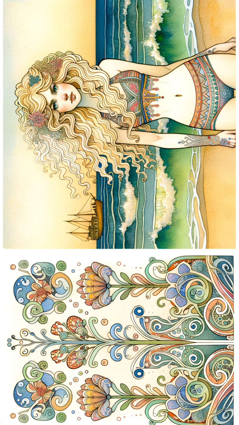 Whimsical Beach Scene with Floral Patterns and Figure
