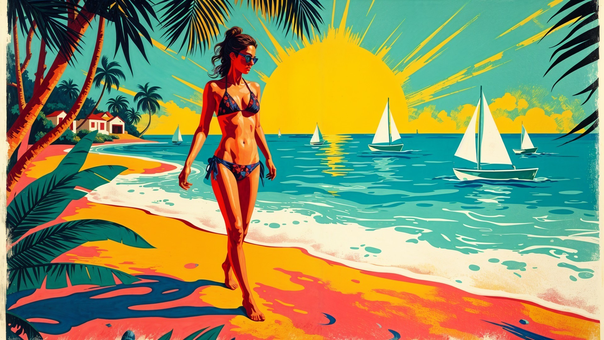 Vibrant Beach Scene with Sunset and Sailboats