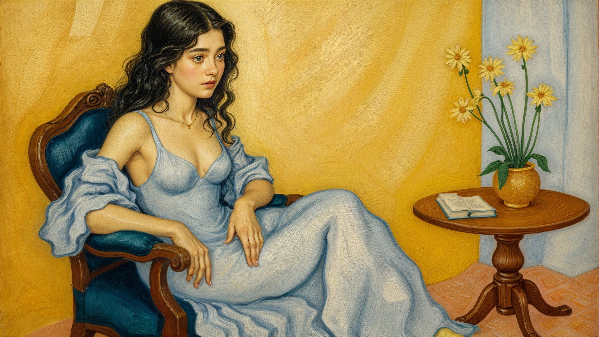 Young woman in blue dress seated by daisies and book