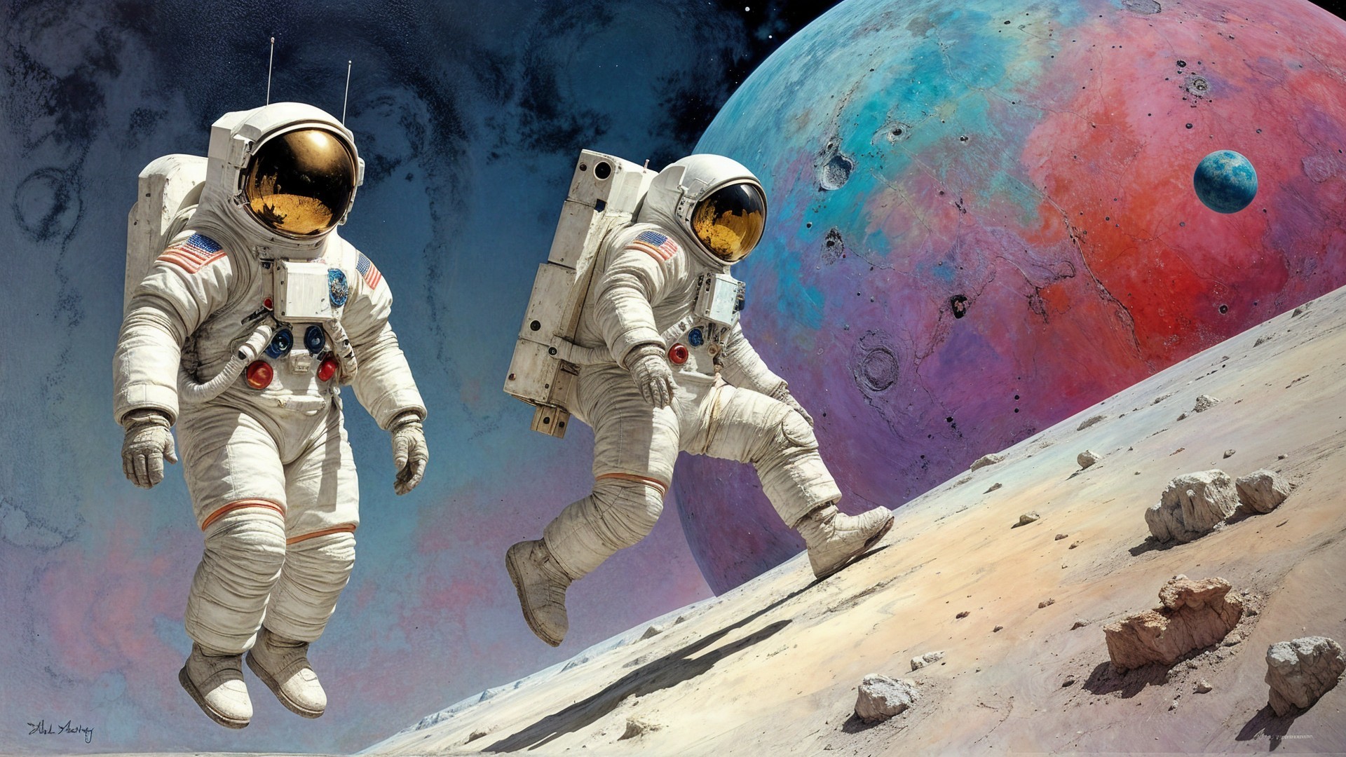 Astronauts Exploring Colorful Alien Landscape with Planet