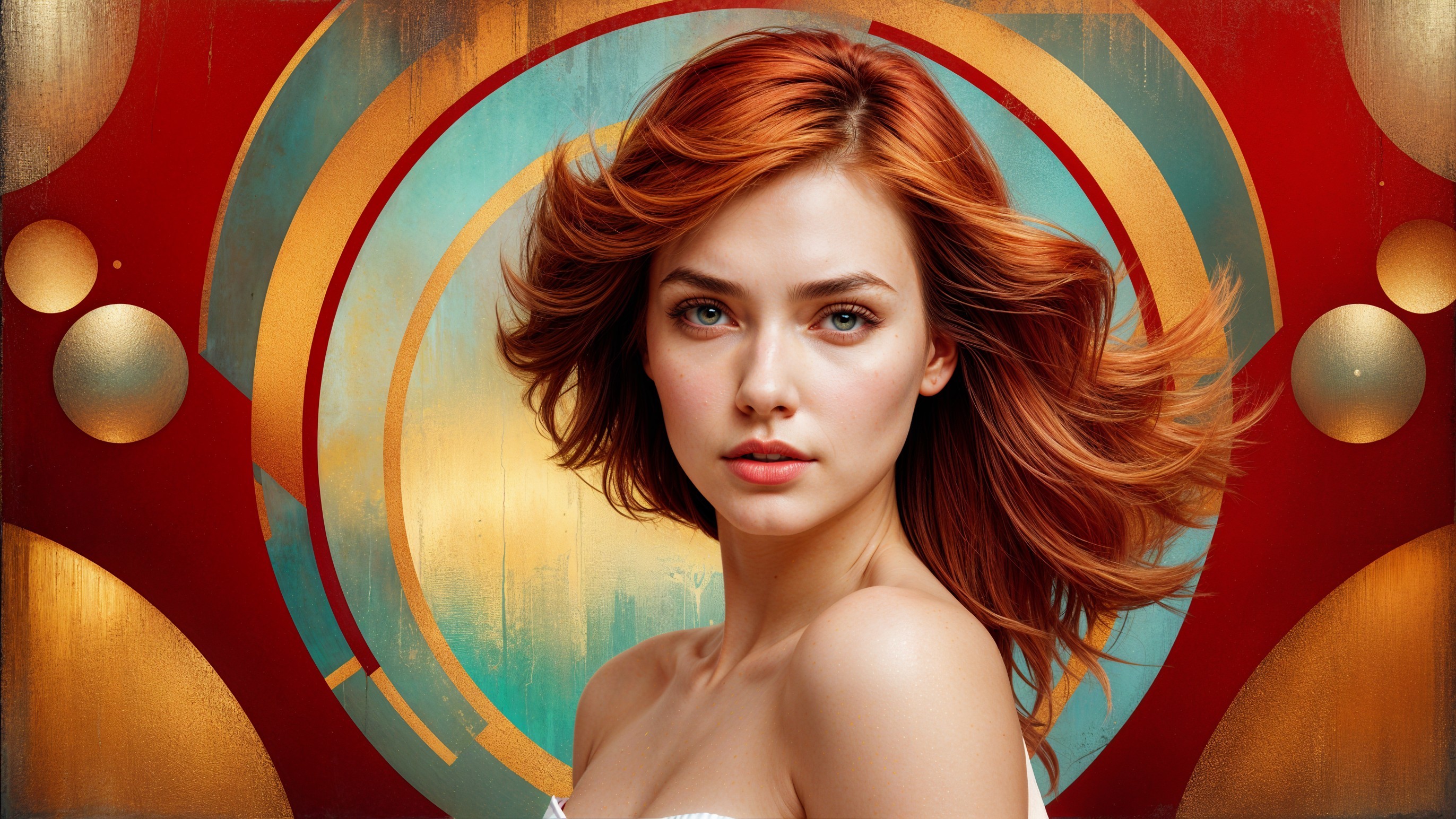Portrait of a Young Woman with Red Hair and Abstract Background
